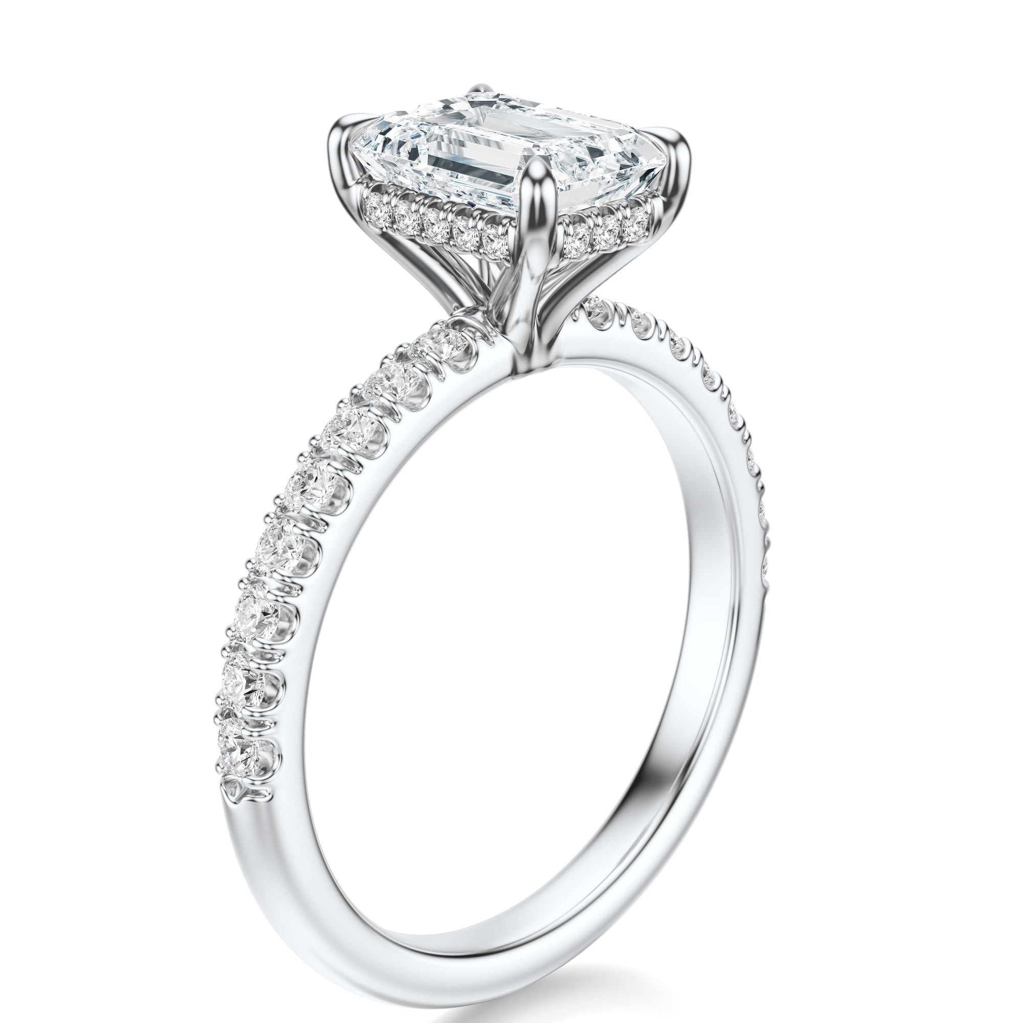 Signature Hidden Halo Emerald Engagement Ring - White Gold Pavé Band - Side View