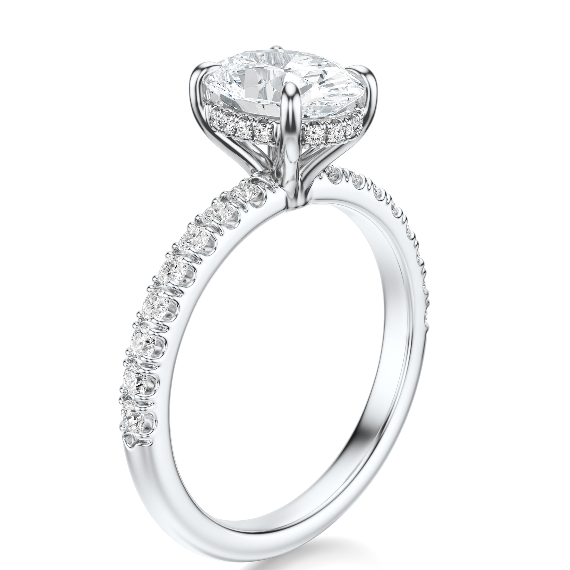 Signature Hidden Halo Oval Engagement Ring - White Gold Pavé Band - Side View
