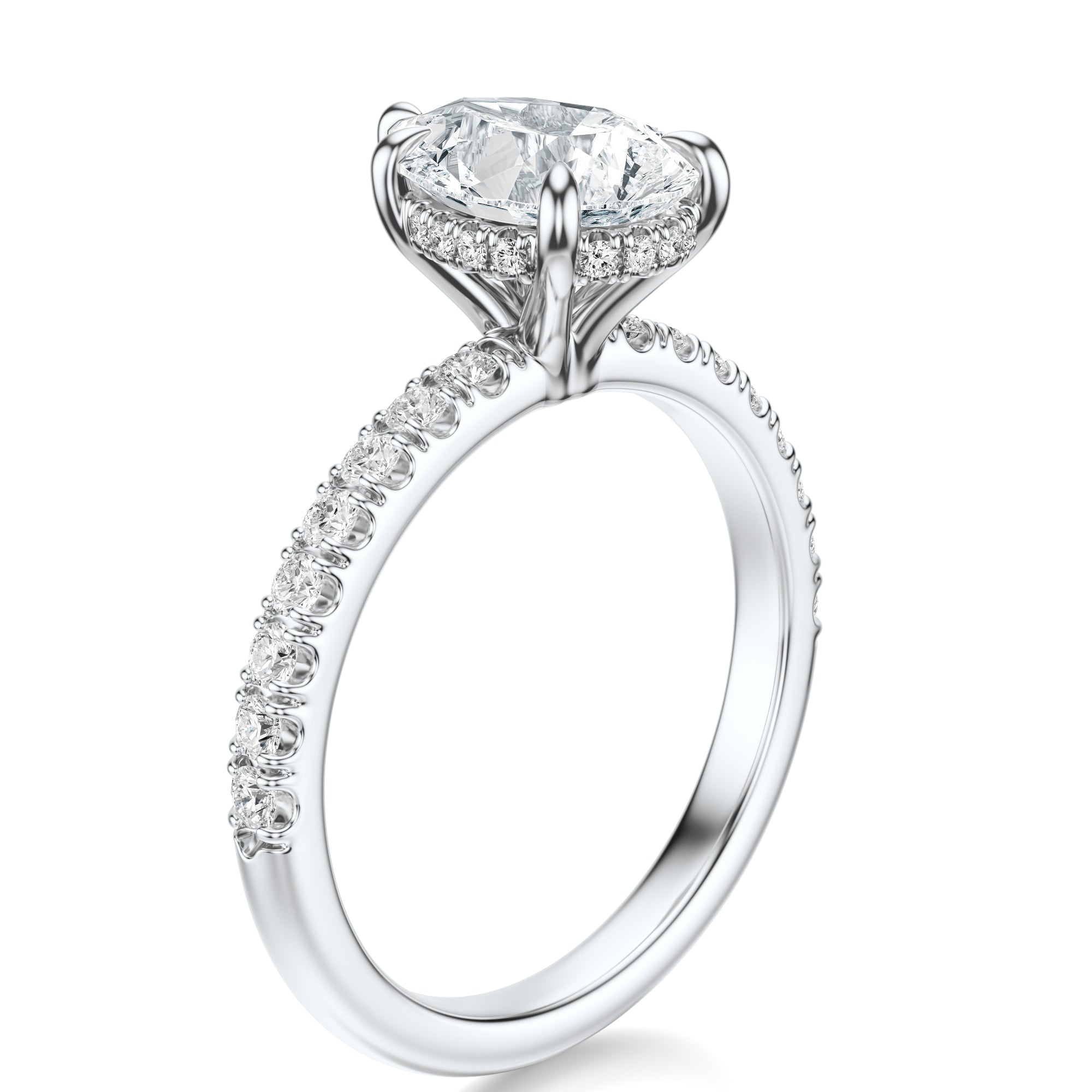 Signature Hidden Halo Pear Engagement Ring - White Gold Pavé Band - Side View