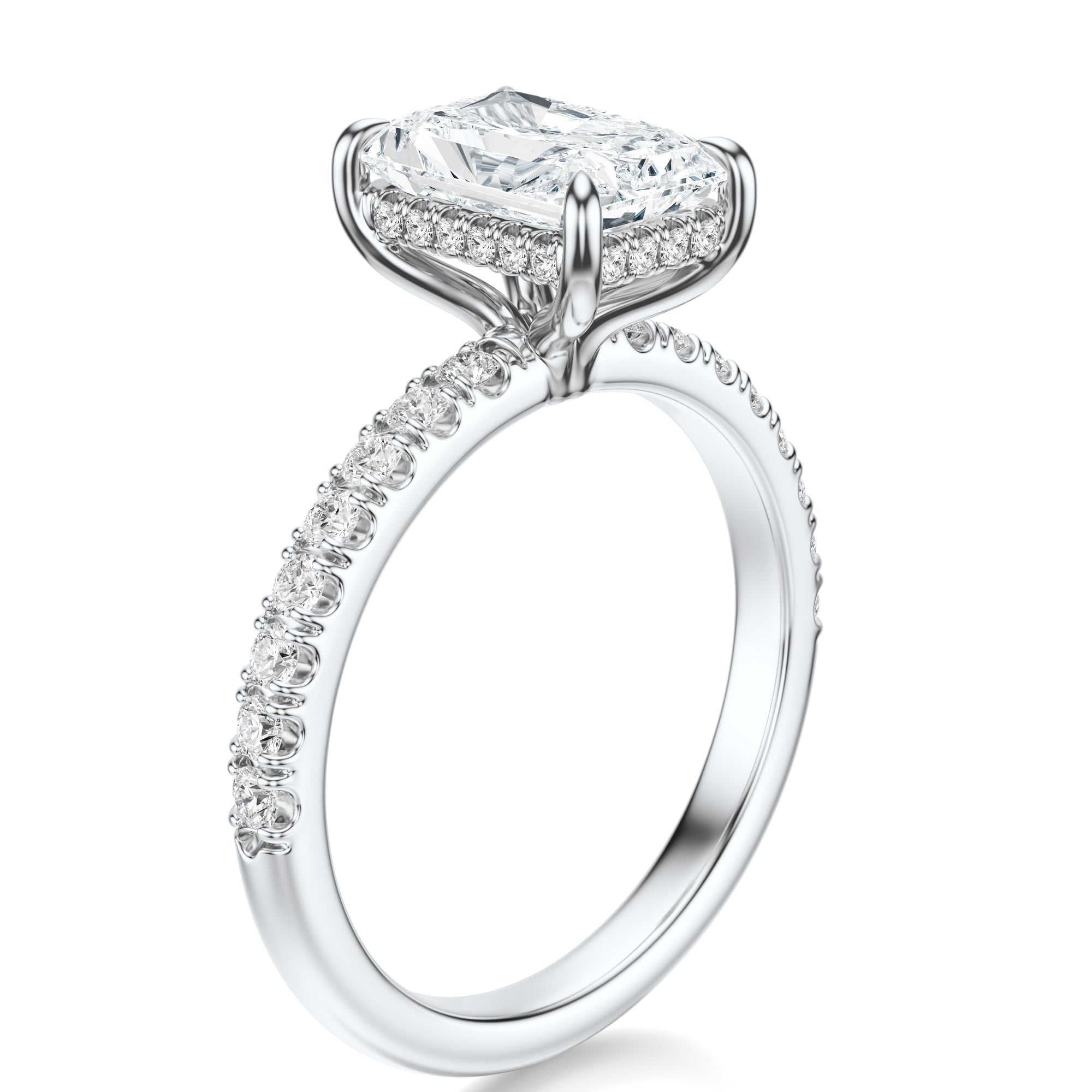 Signature Hidden Halo Radiant Engagement Ring - White Gold Pavé Band - Side View