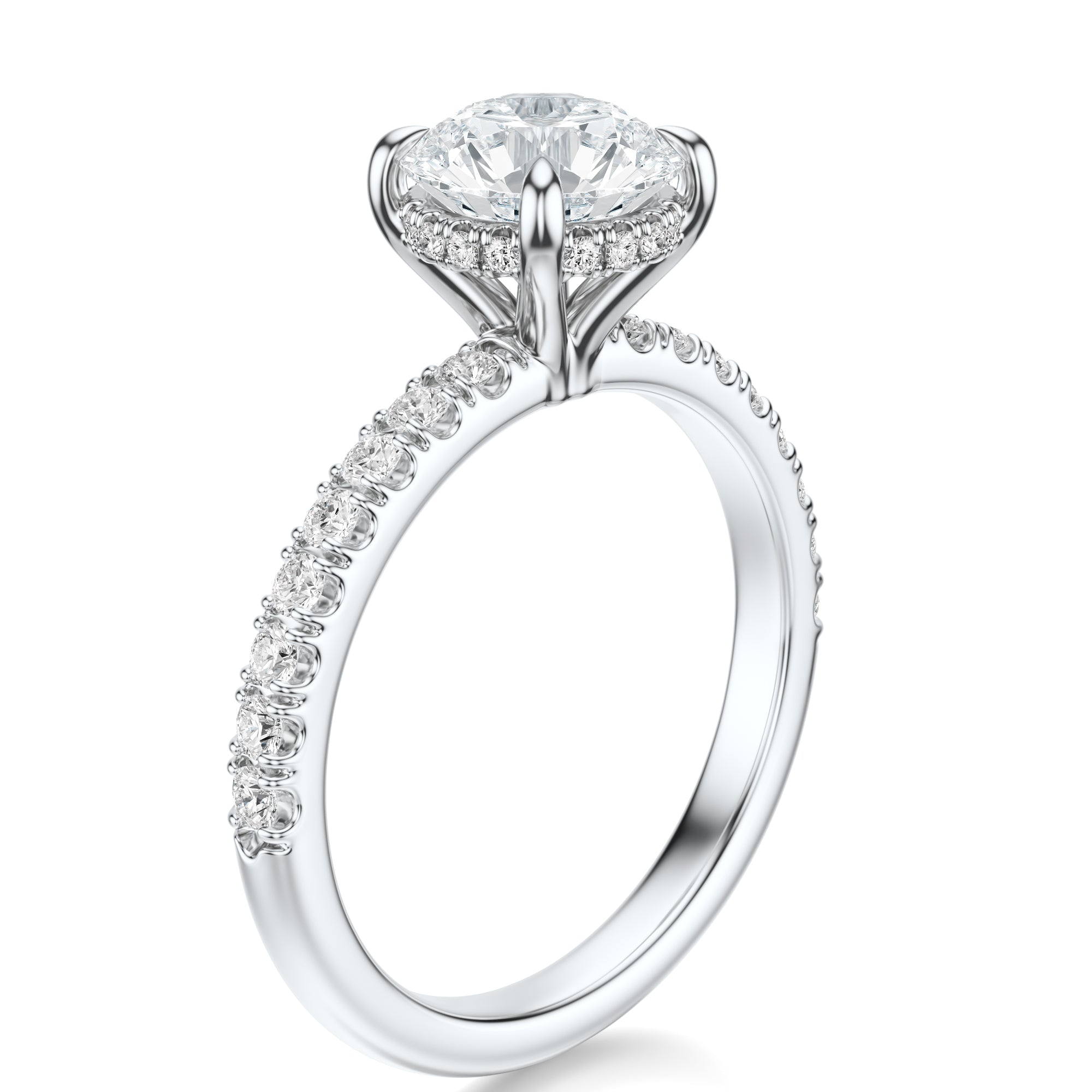 Signature Hidden Halo Round Engagement Ring - White Gold Pavé Band - Side View