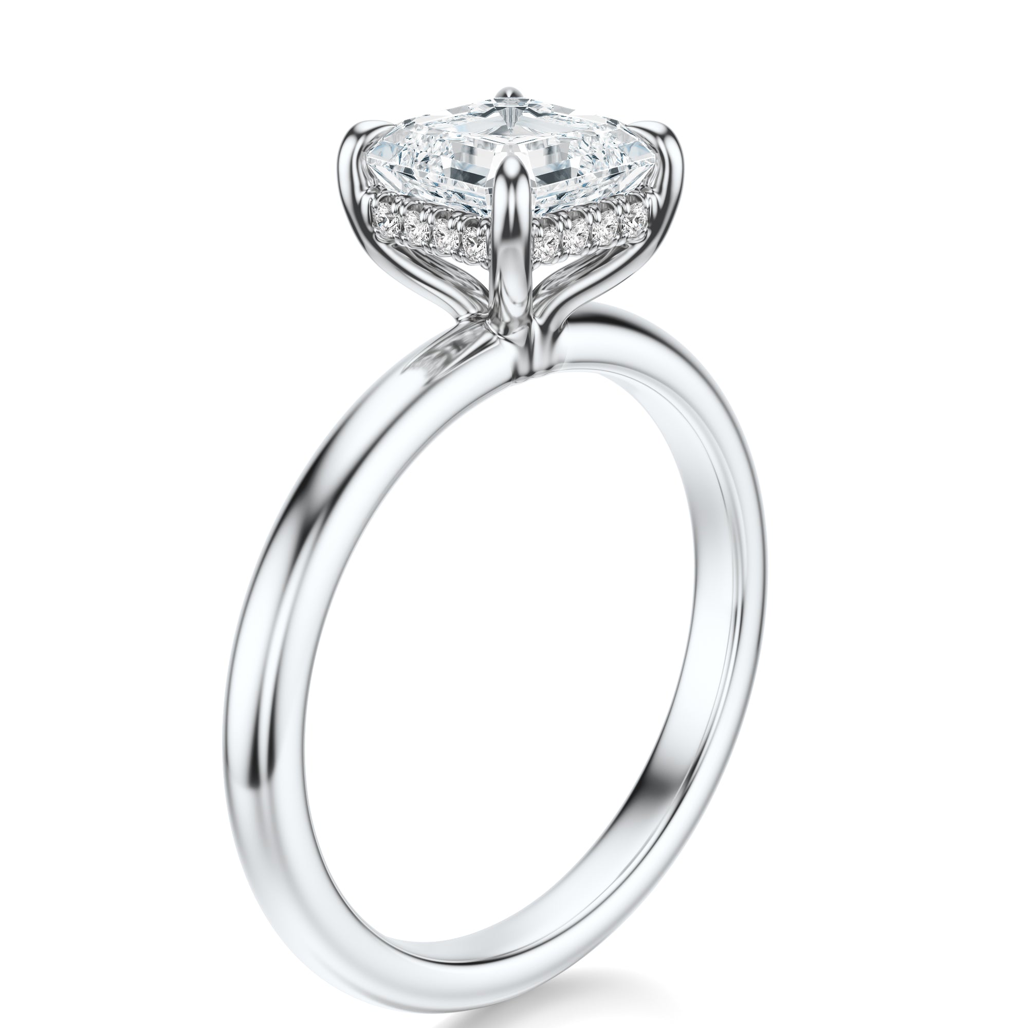 Signature Hidden Halo Asscher Engagement Ring - White Gold Polished Band - Side View