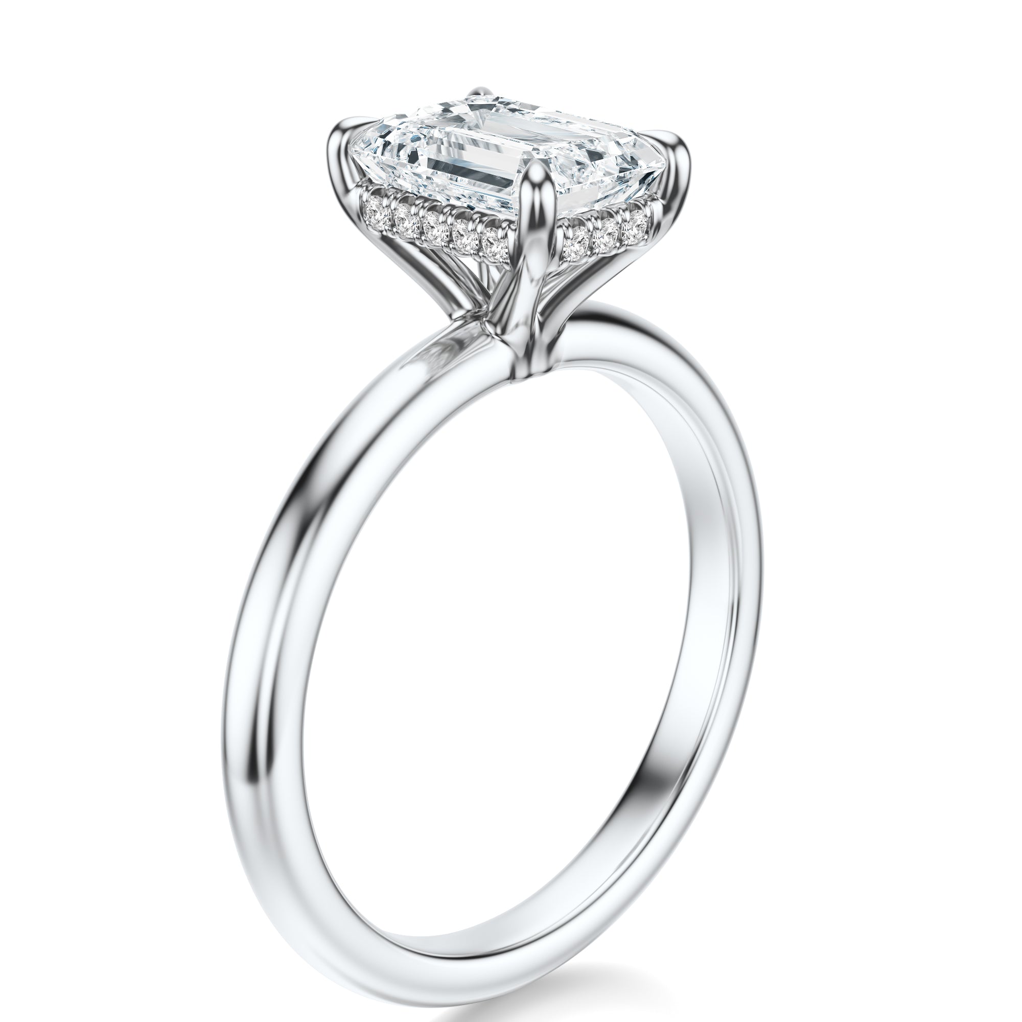 Signature Hidden Halo Emerald Engagement Ring - White Gold Polished Band - Side View
