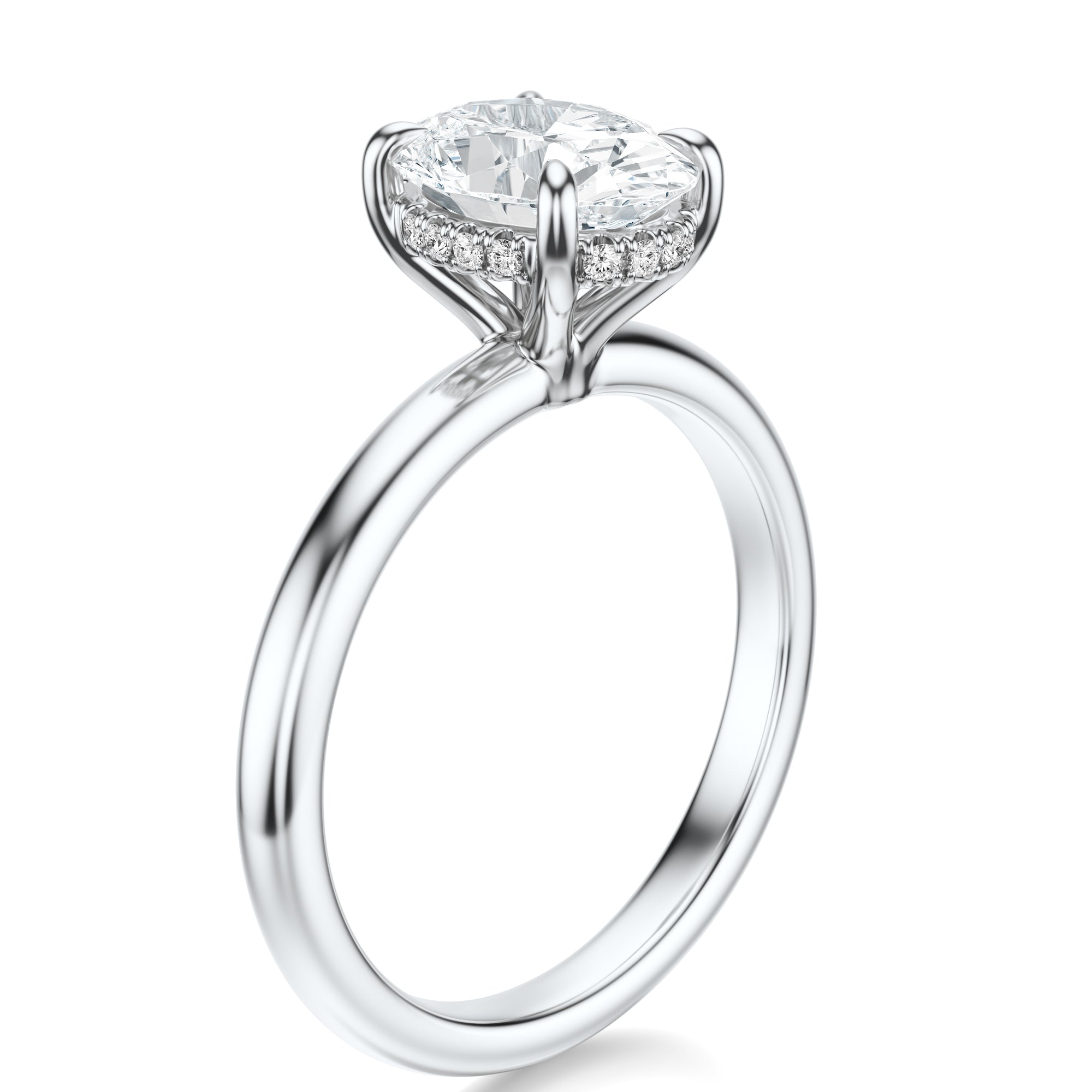Signature Hidden Halo Oval Engagement Ring - White Gold Polished Band - Side View