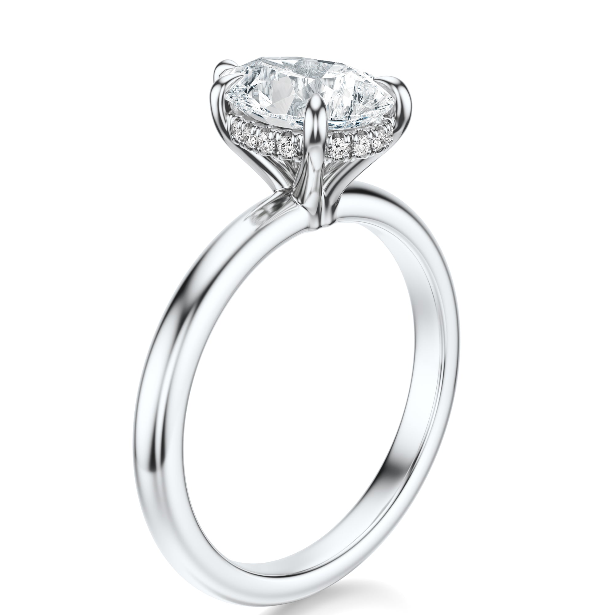 Signature Hidden Halo Pear Engagement Ring - White Gold Polished Band - Side View