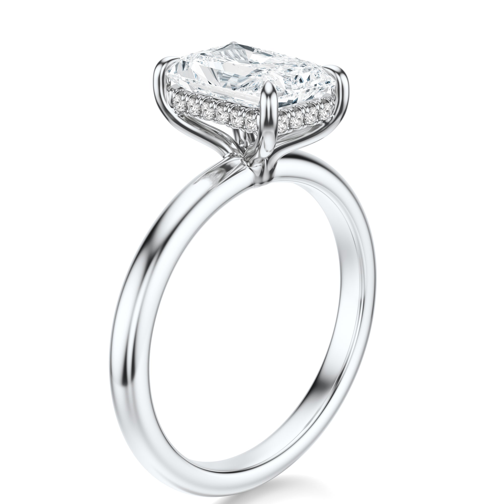 Signature Hidden Halo Radiant Engagement Ring - White Gold Polished Band - Side View
