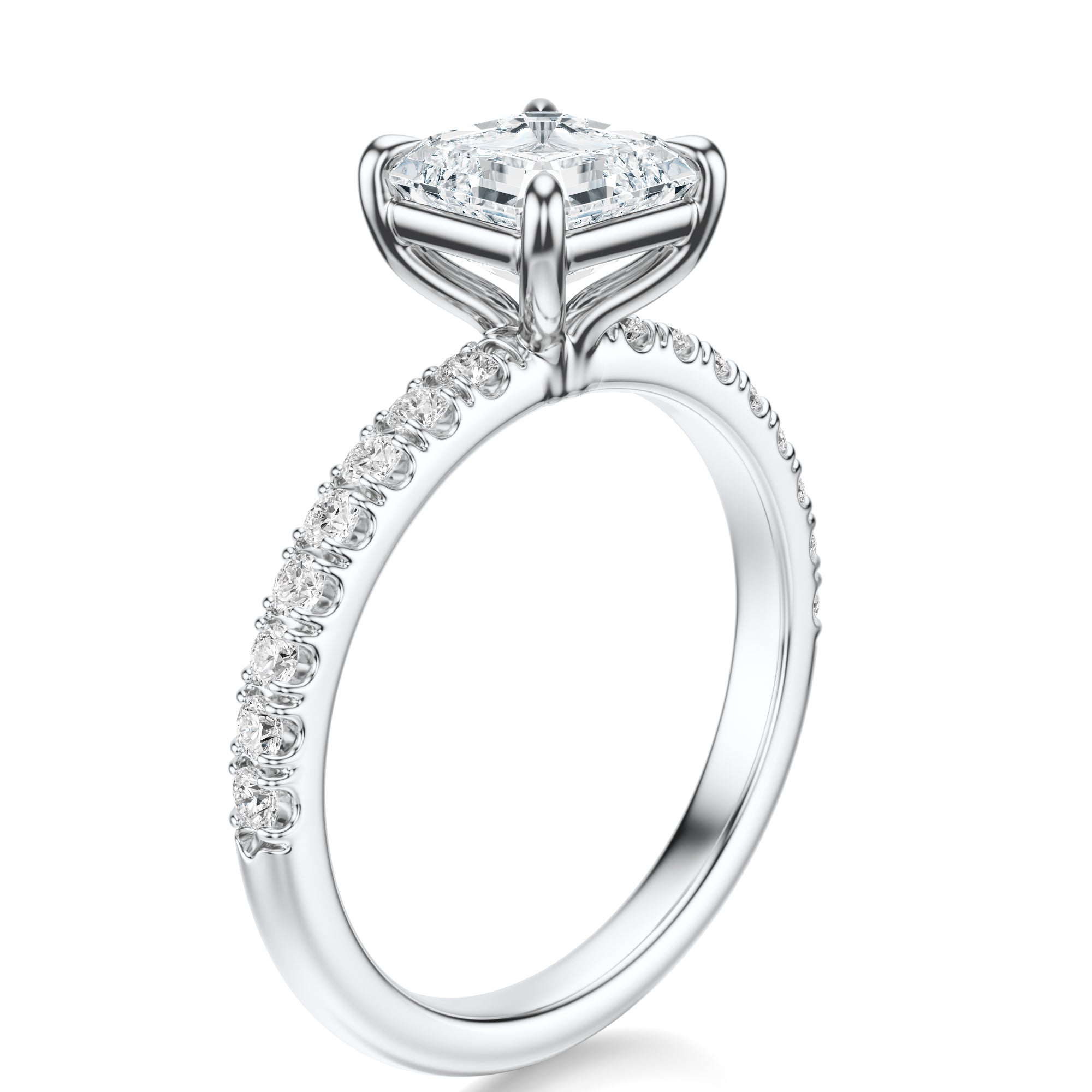 Signature Solitaire Asscher Engagement Ring - White Gold Pavé Band - Side View