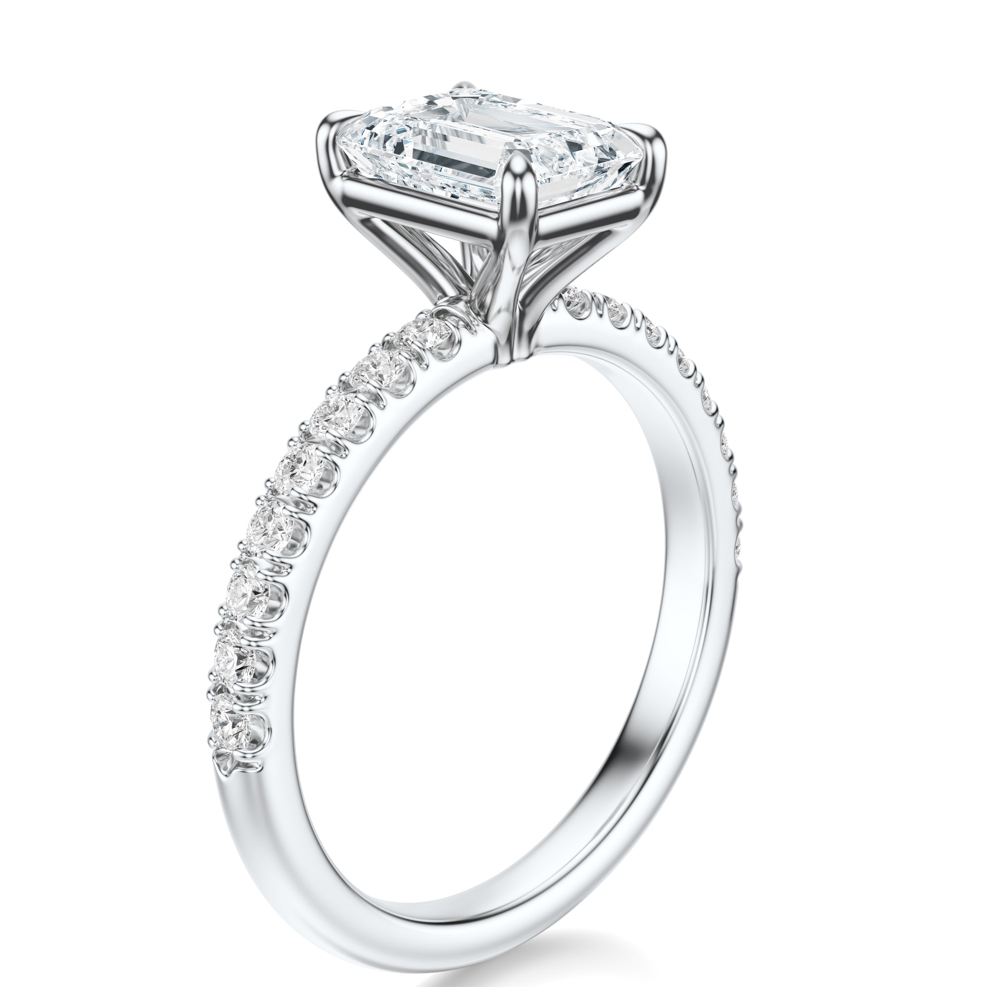 Signature Solitaire Emerald Engagement Ring - White Gold Pavé Band - Side View