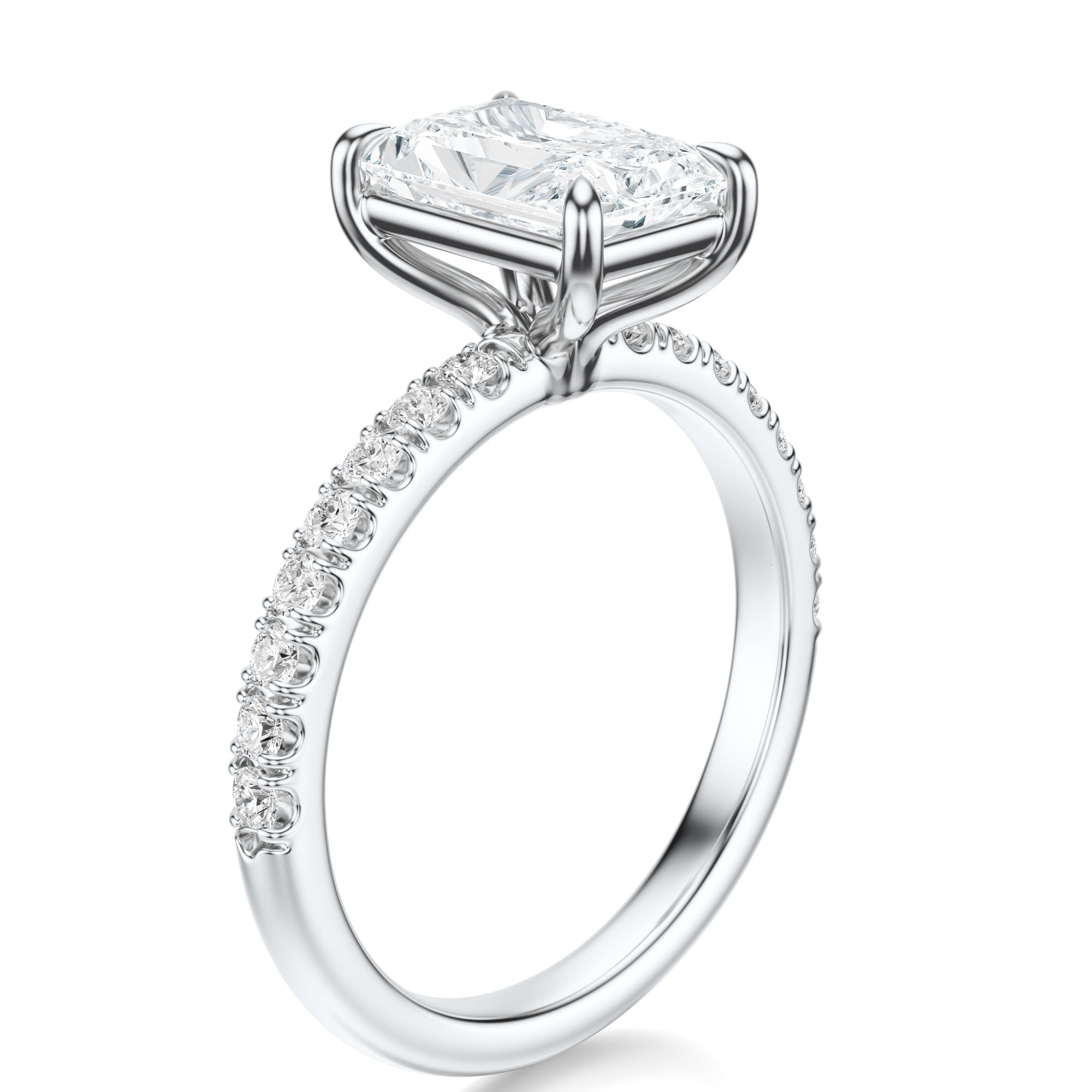 Signature Solitaire Radiant Engagement Ring - White Gold Pavé Band - Side View