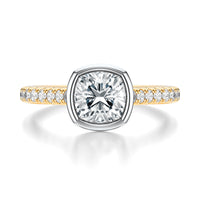 Signature Bezel Cushion Engagement Ring - Two-Tone Pavé Band - Front View