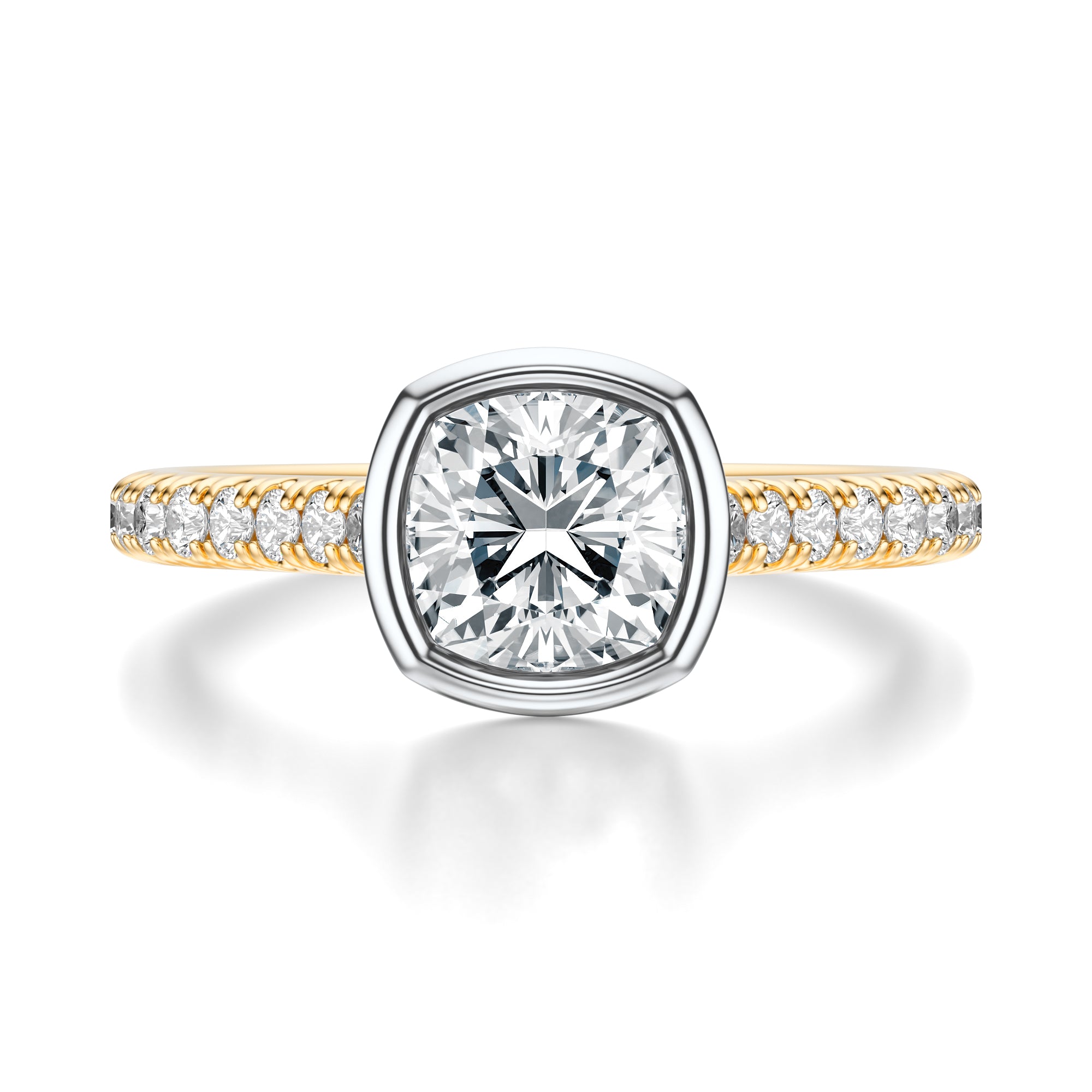 Signature Bezel Cushion Engagement Ring - Two-Tone Pavé Band - Front View