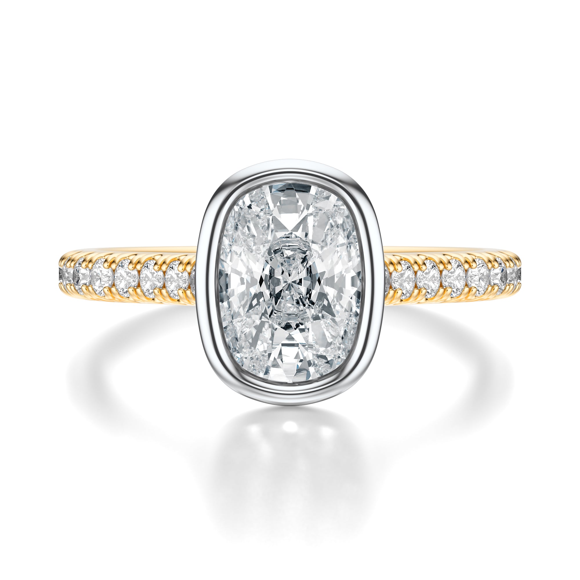 Signature Bezel Elongated Cushion Engagement Ring - Two-Tone Pavé Band - Front View