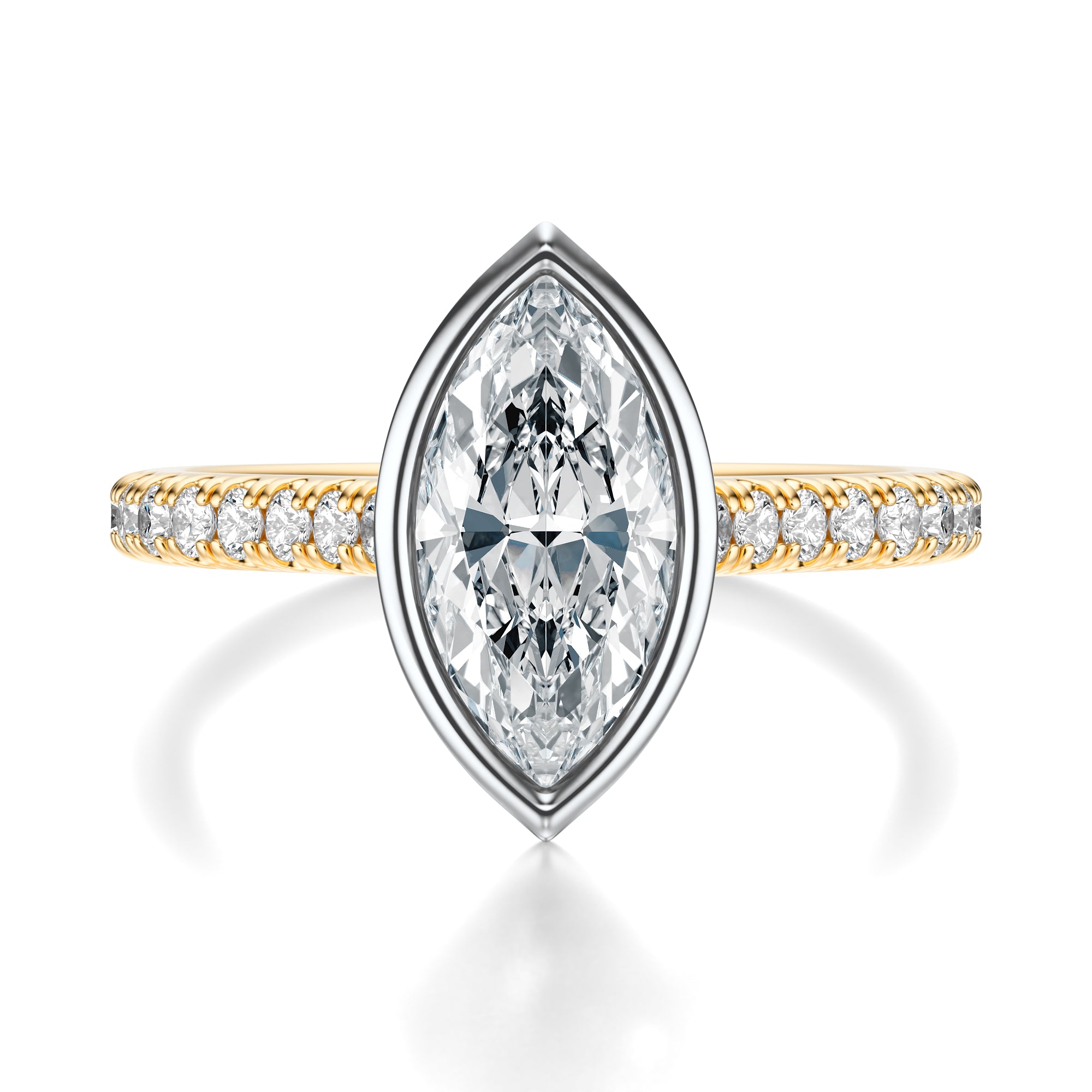 Signature Bezel Marquise Engagement Ring - Two-Tone Pavé Band - Front View