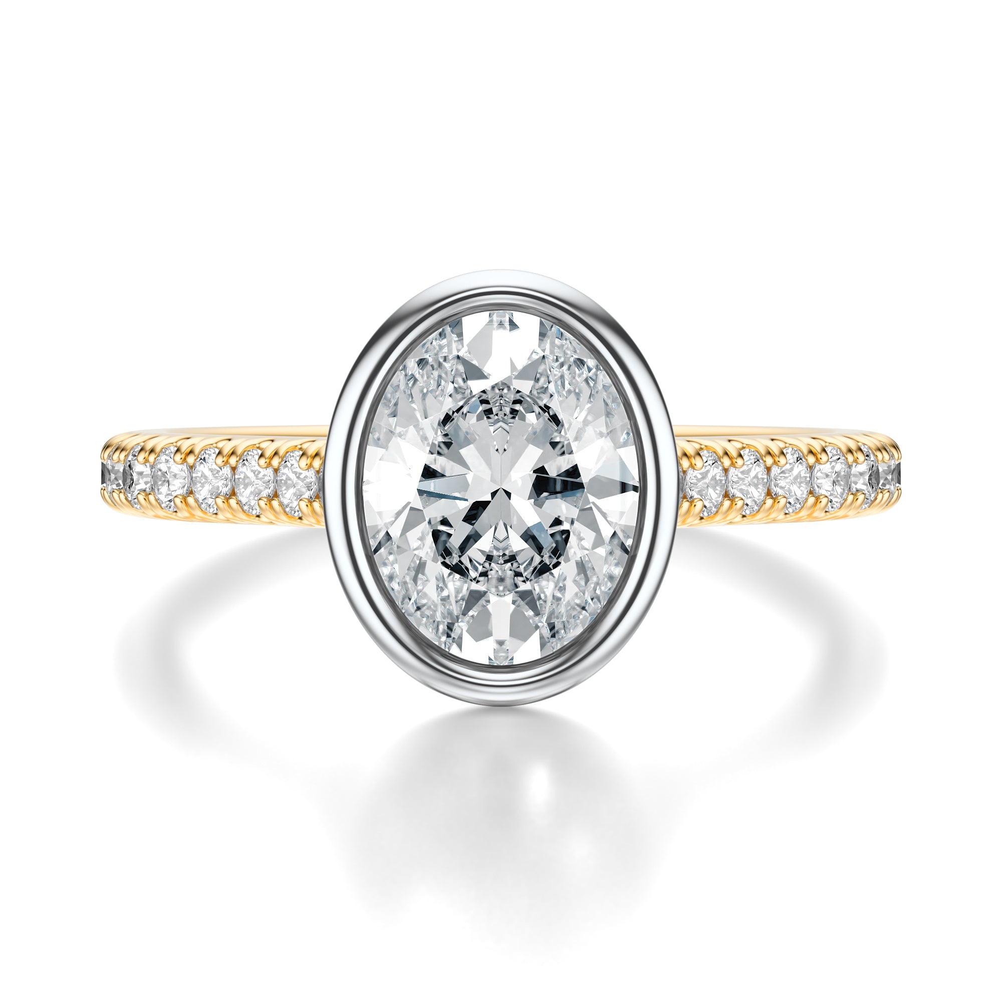 Signature Bezel Oval Engagement Ring - Two-Tone Pavé Band - Front View