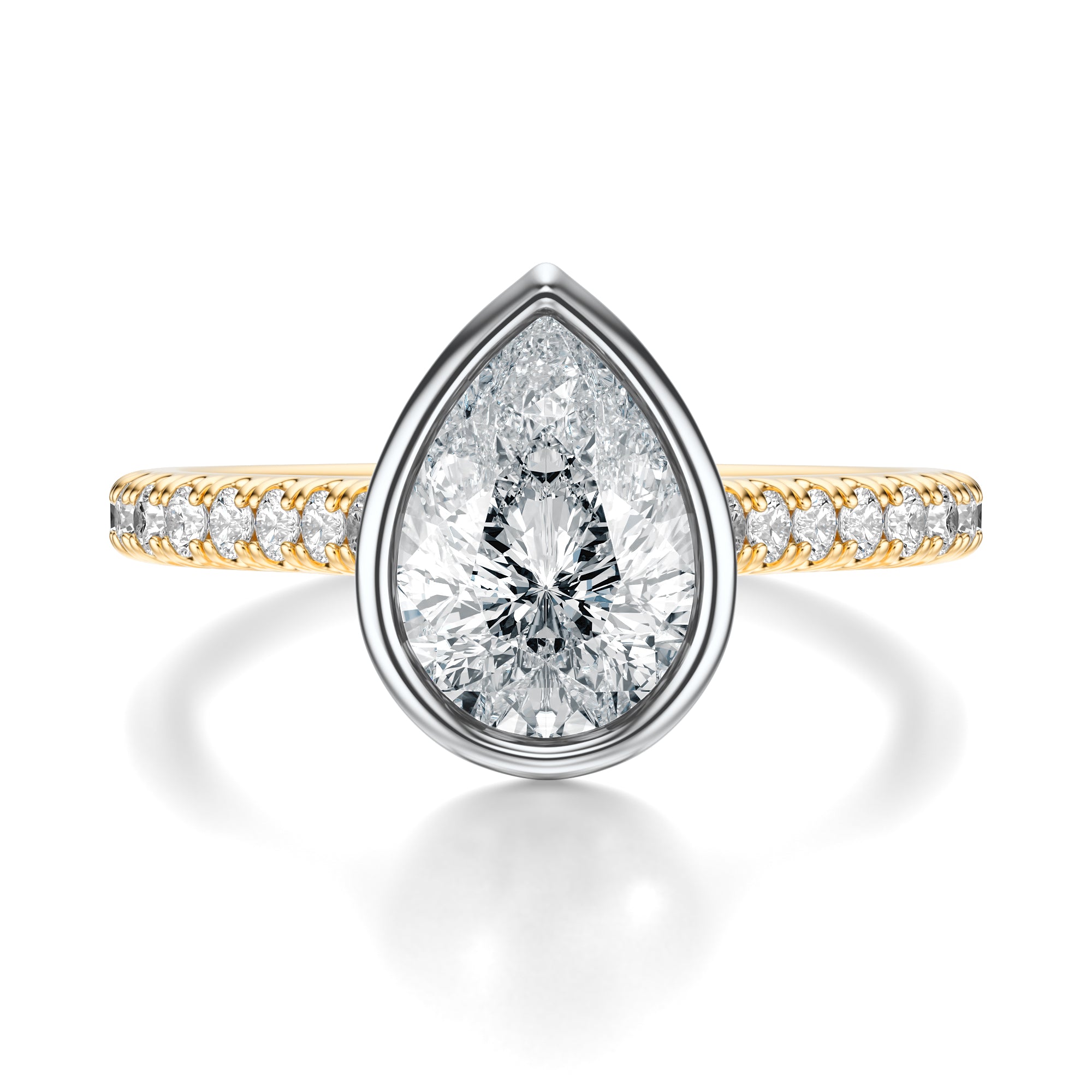 Signature Bezel Pear Engagement Ring - Two-Tone Pavé Band - Front View