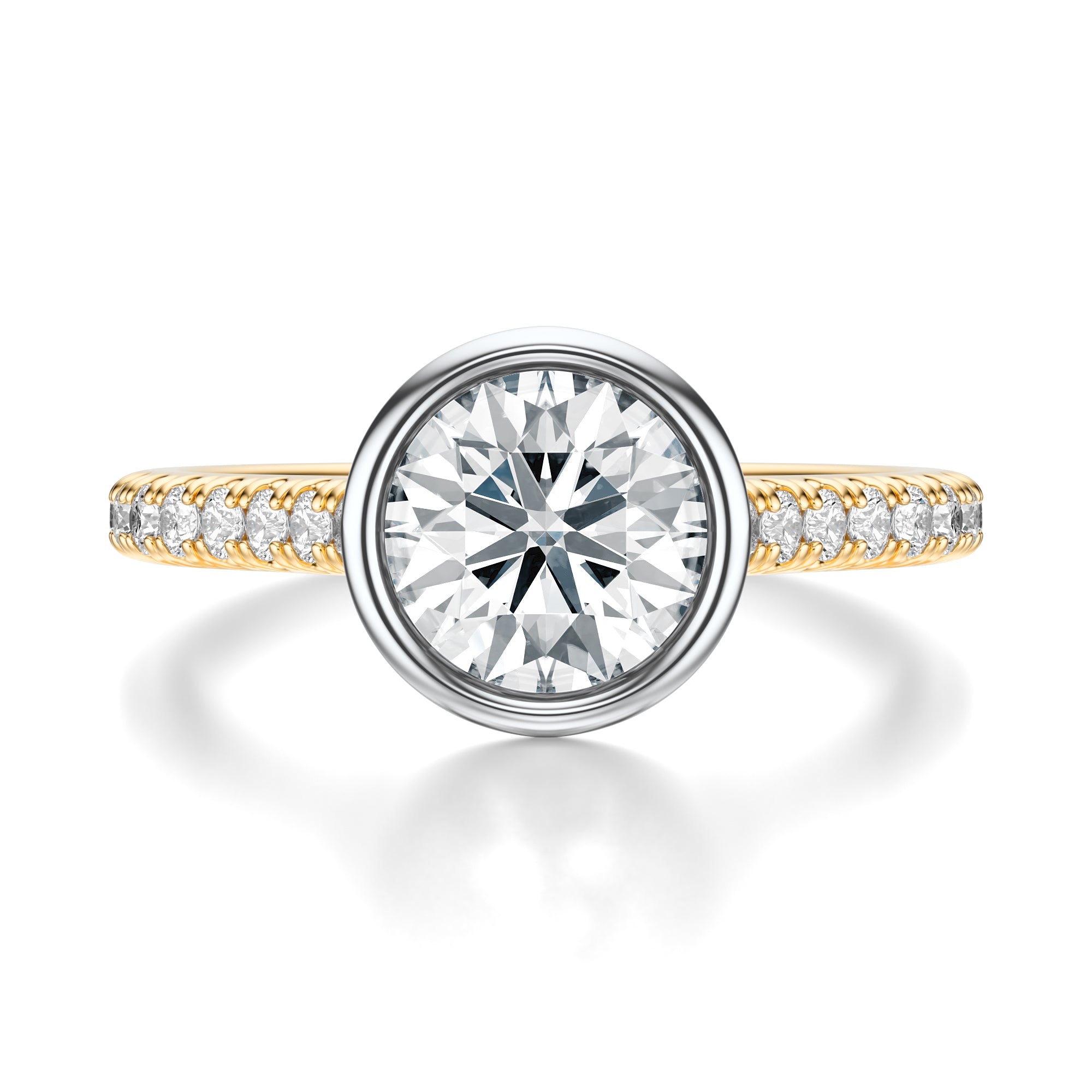 Signature Bezel Round Engagement Ring - Two-Tone Pavé Band - Front View