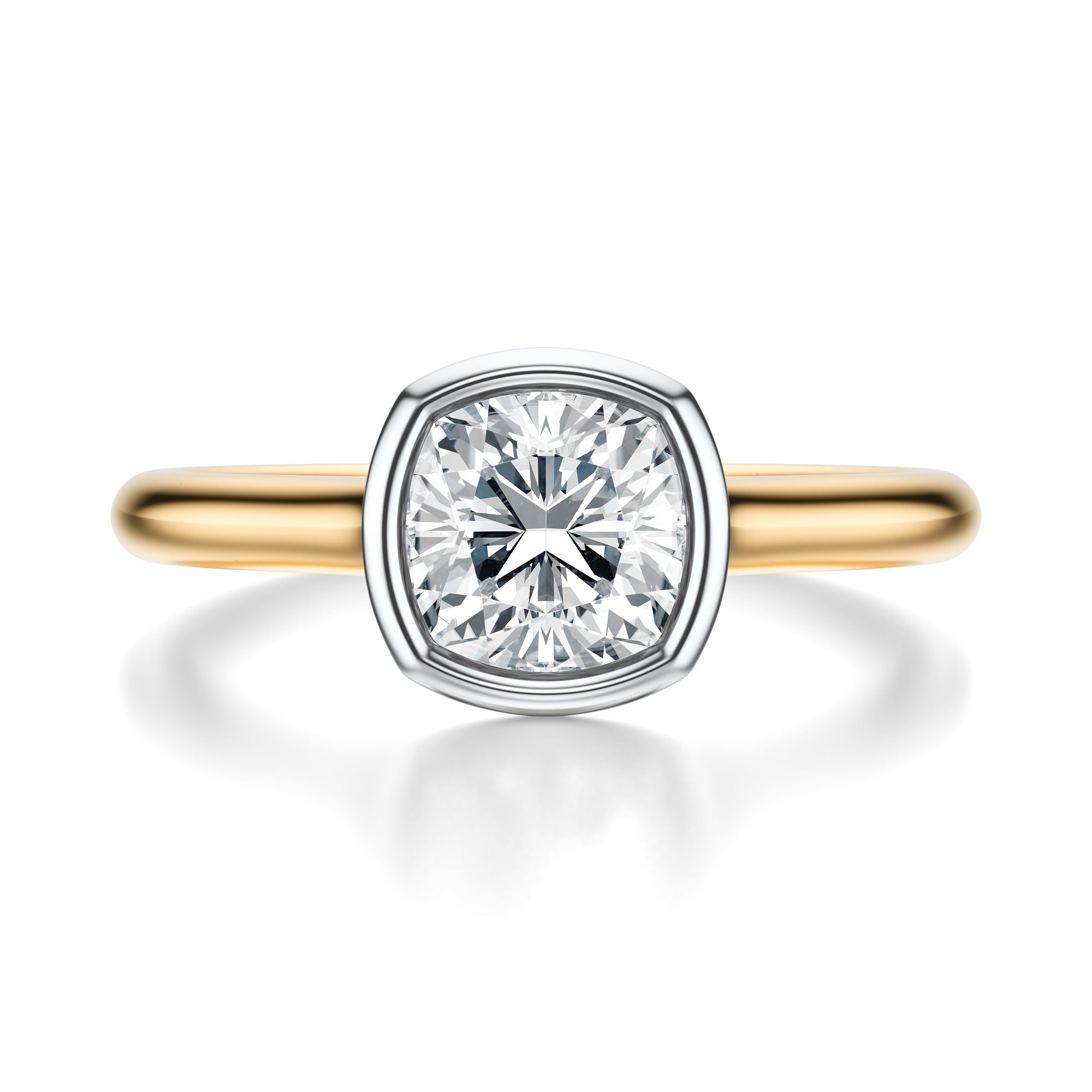 Signature Bezel Cushion Engagement Ring - Two-Tone Polished Band - Front View