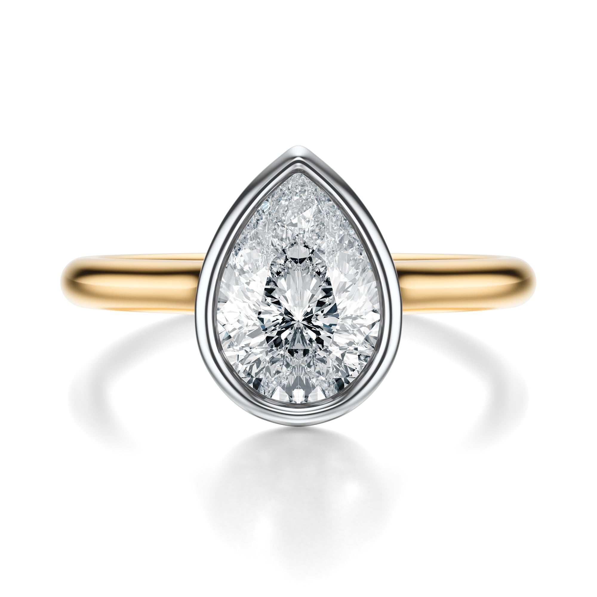 Signature Bezel Pear Engagement Ring - Two-Tone Polished Band - Front View