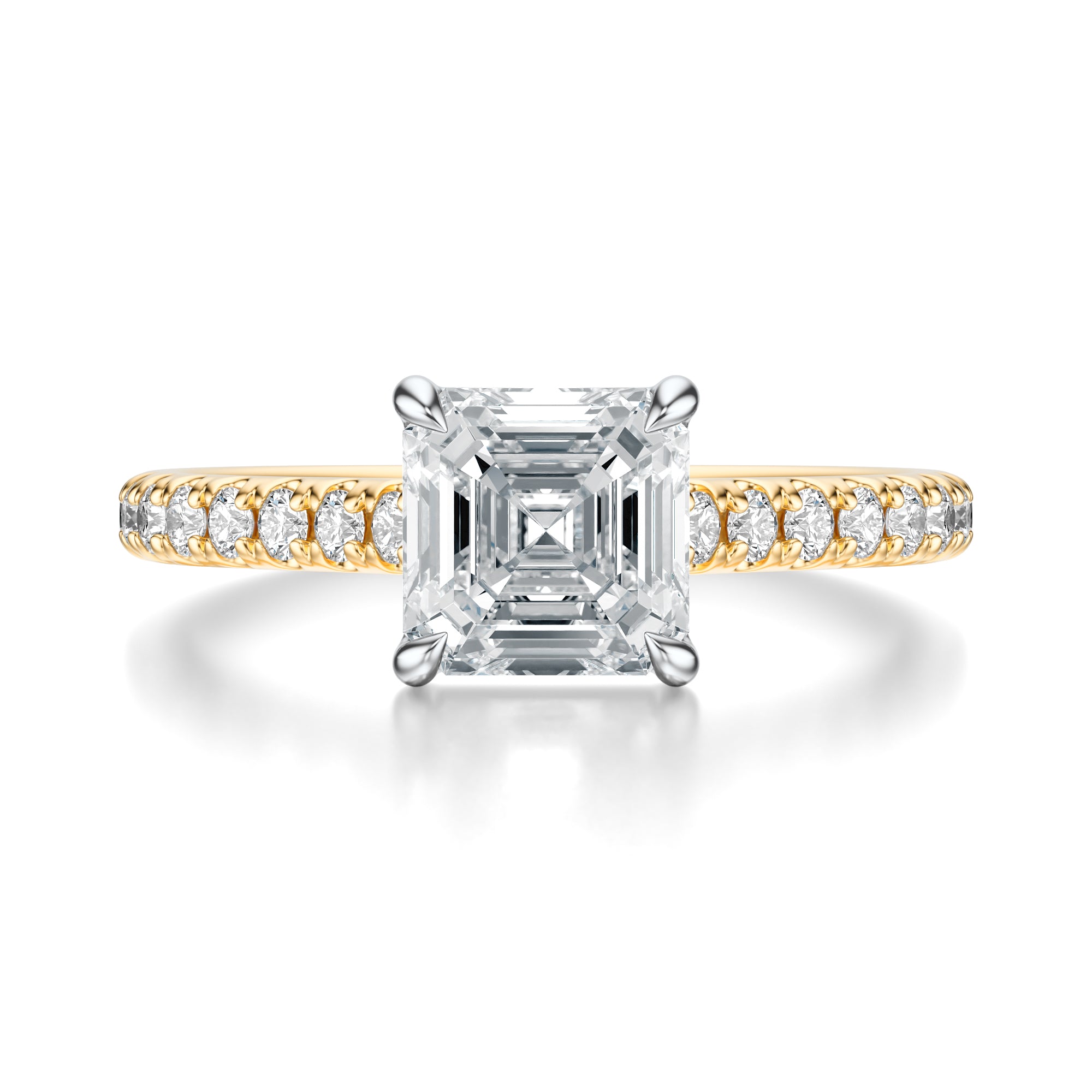 Signature Cathedral Asscher Engagement Ring - Two-Tone Pavé Band - Front View