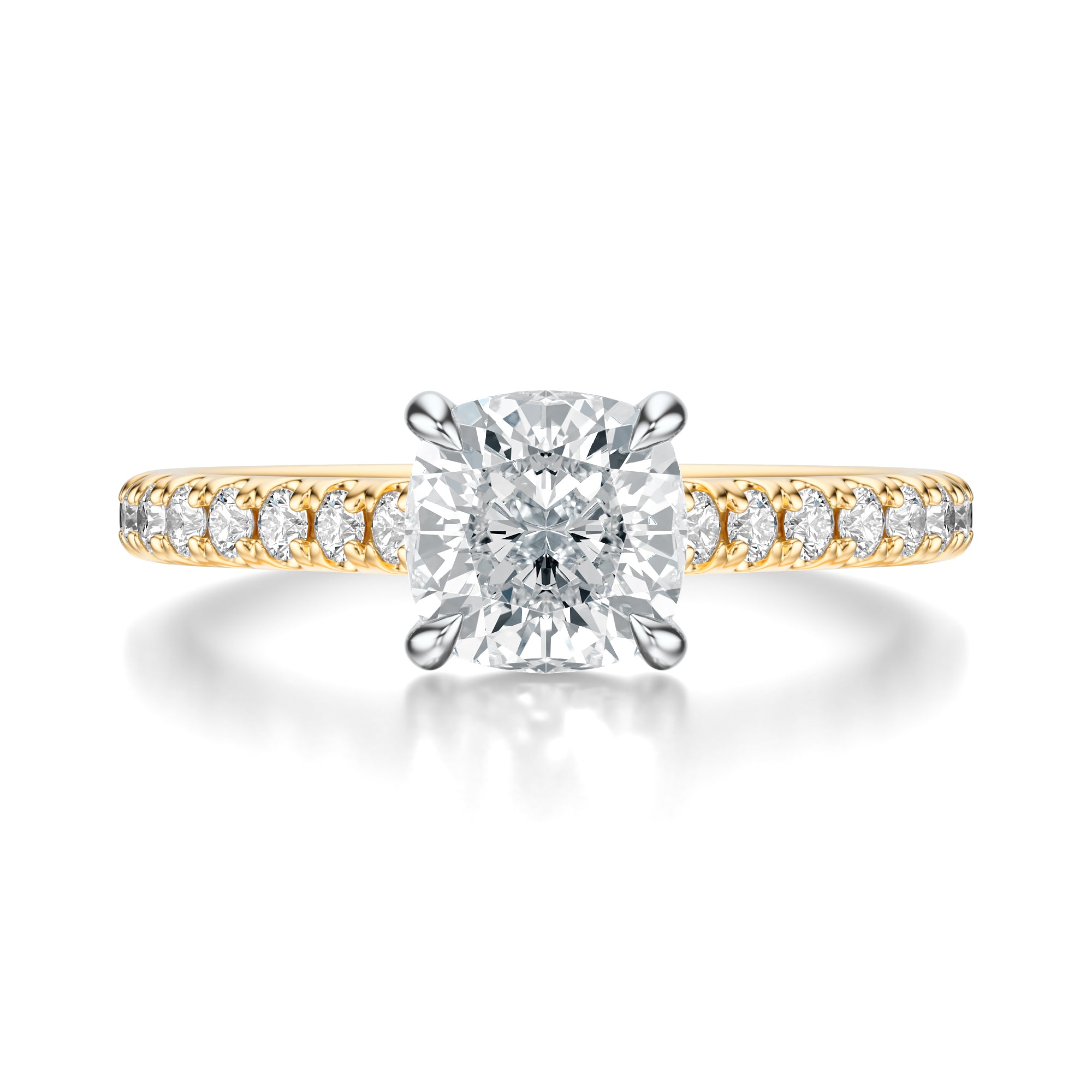 Signature Cathedral Cushion Engagement Ring - Two-Tone Pavé Band - Front View