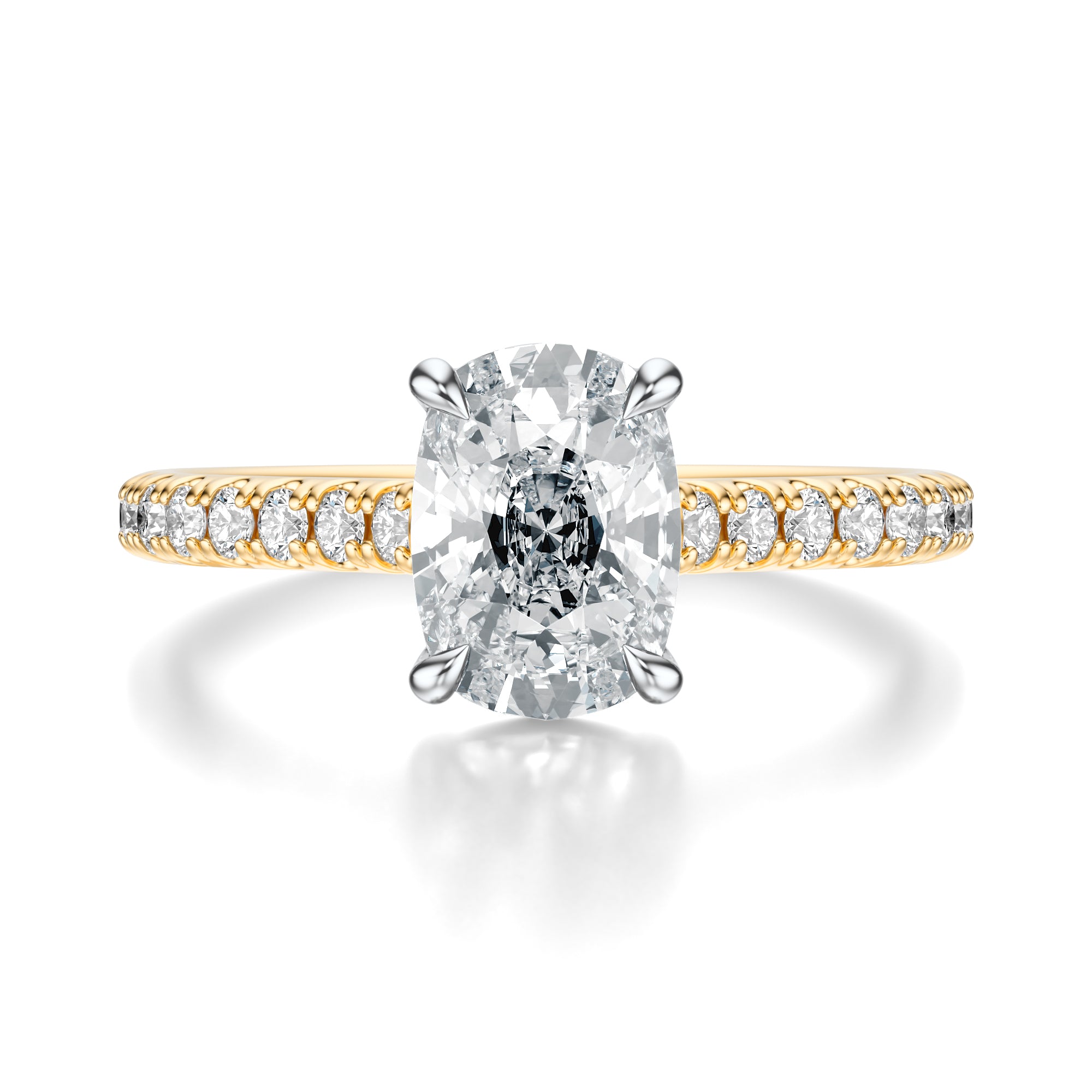 Signature Cathedral Elongated Cushion Engagement Ring - Two-Tone Pavé Band - Front View