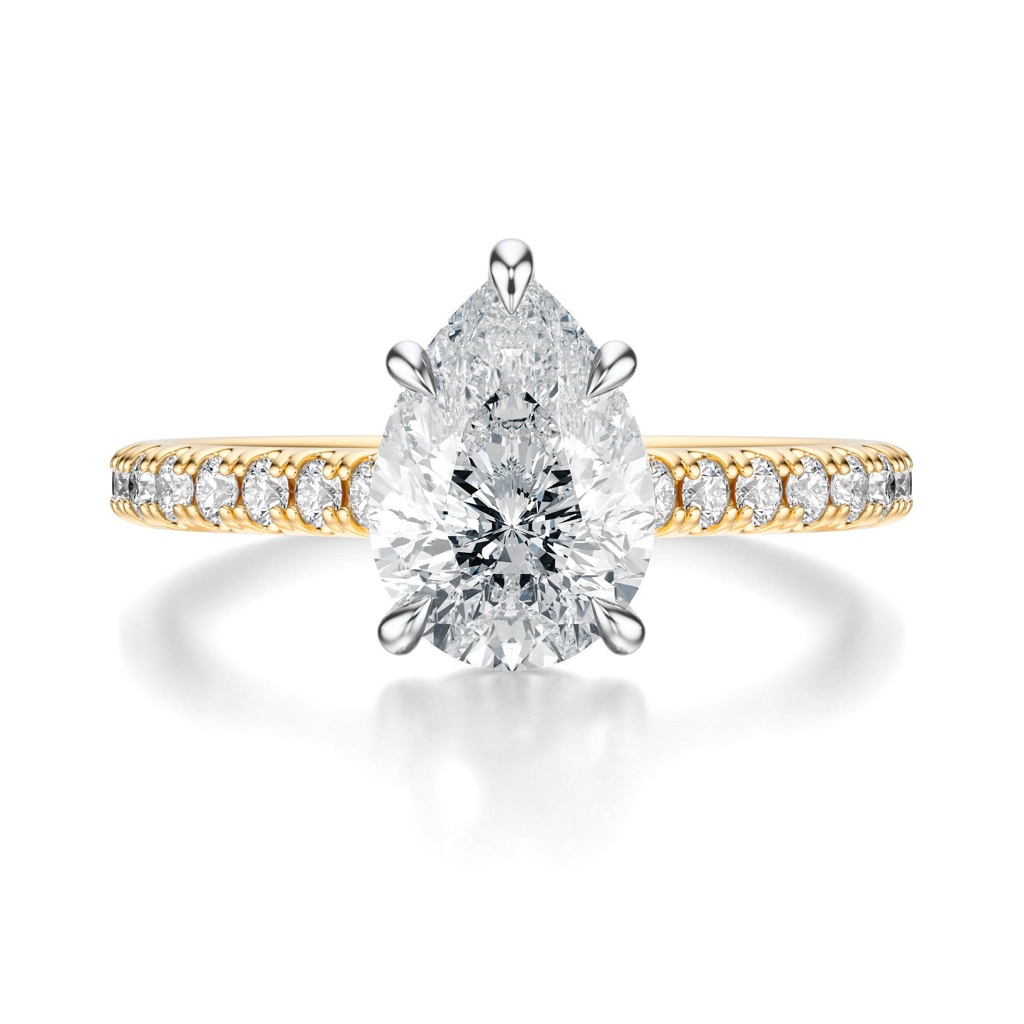 Signature Cathedral Pear Engagement Ring - Two-Tone Pavé Band - Front View