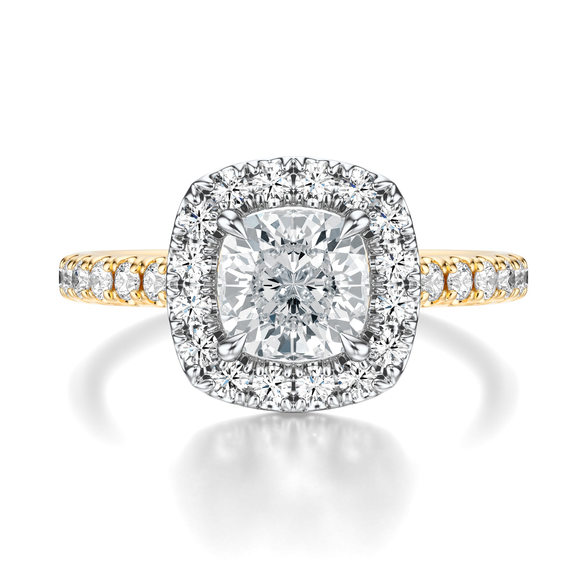 Signature Halo Cushion Engagement Ring - Two-Tone Pavé Band - Front View