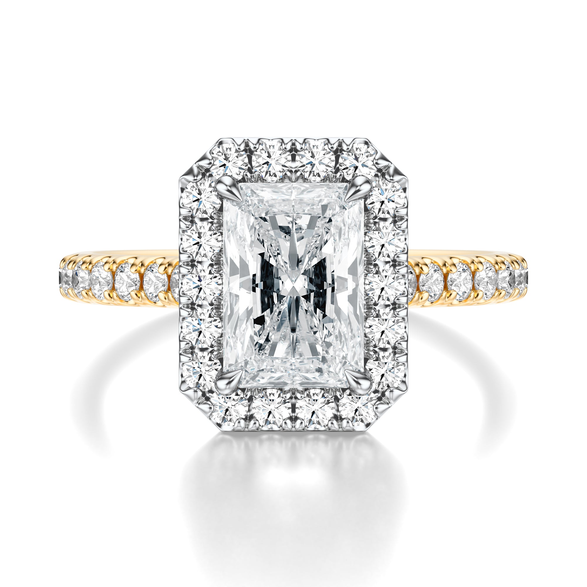 Signature Halo Radiant Engagement Ring - Two-Tone Pavé Band - Front View