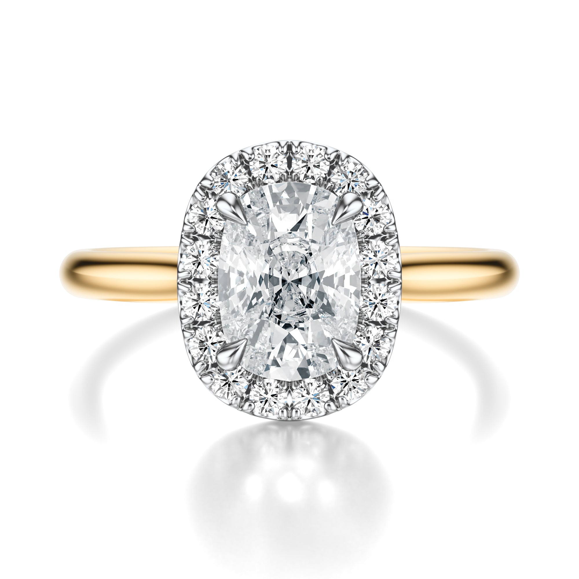 Signature Halo Elongated Cushion Engagement Ring - Two-Tone Polished Band - Front View