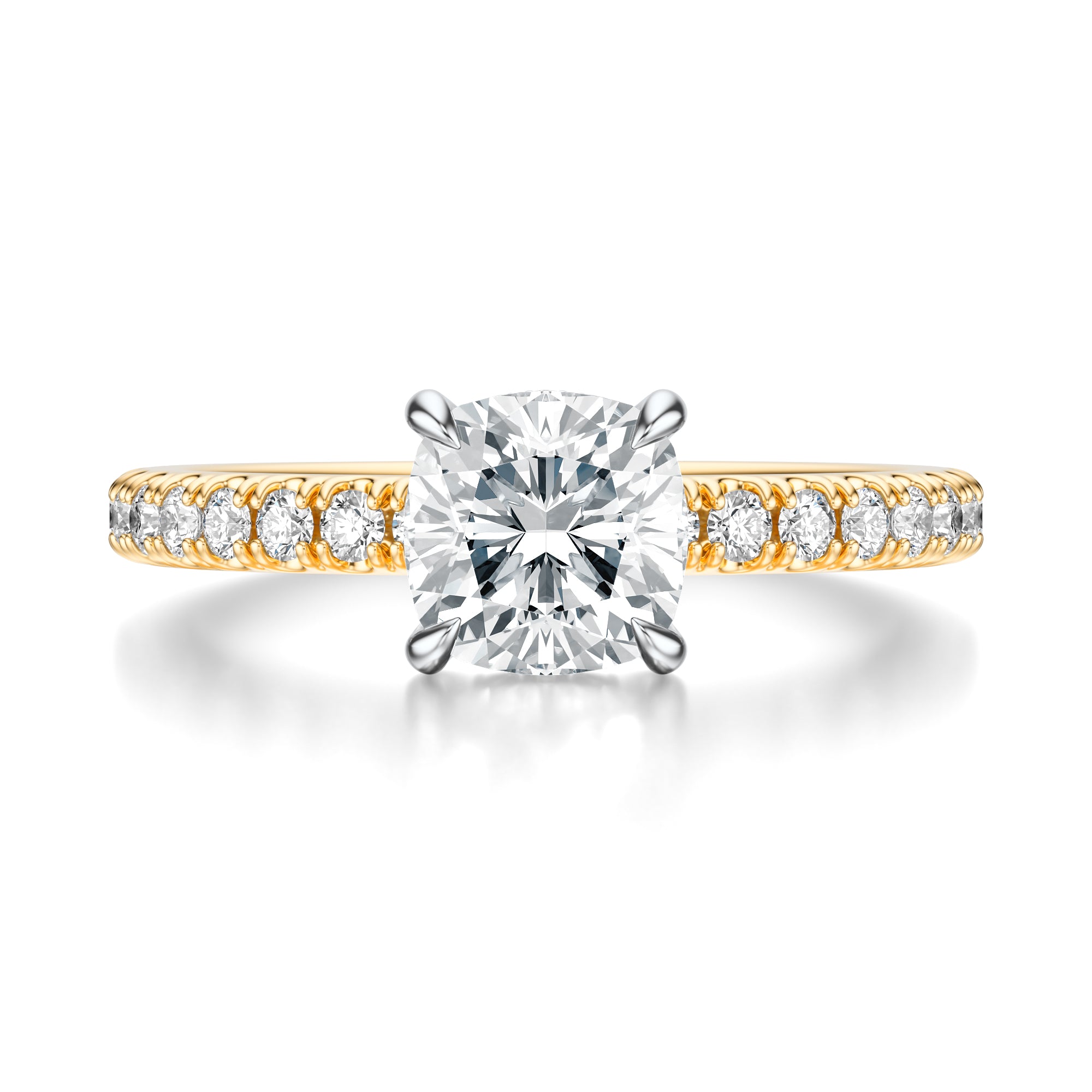 Signature Hidden Halo Cushion Engagement Ring - Two-Tone Pavé Band - Front View