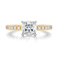 Signature Solitaire Cushion Engagement Ring - Two-Tone Pavé Band - Front View
