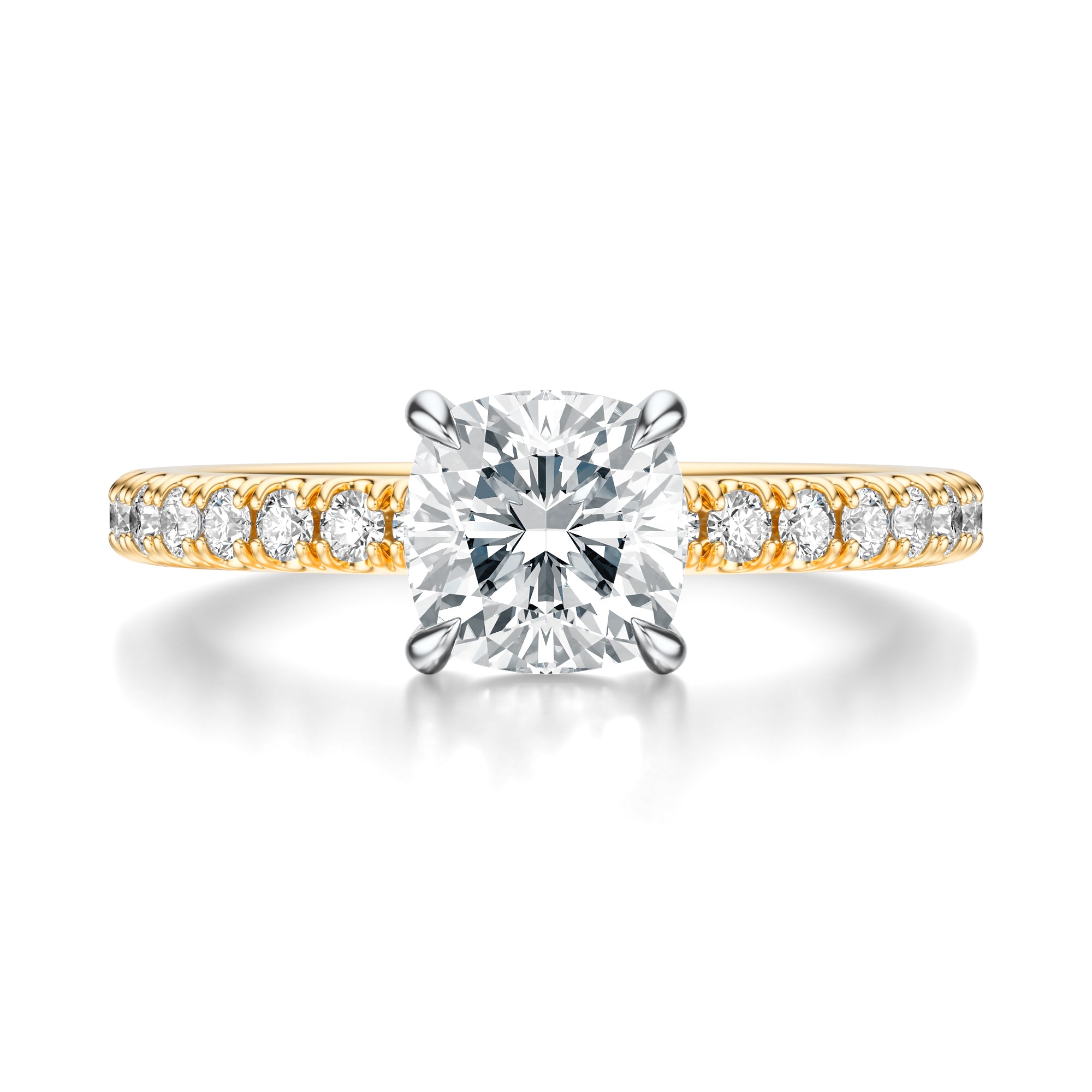 Signature Solitaire Cushion Engagement Ring - Two-Tone Pavé Band - Front View