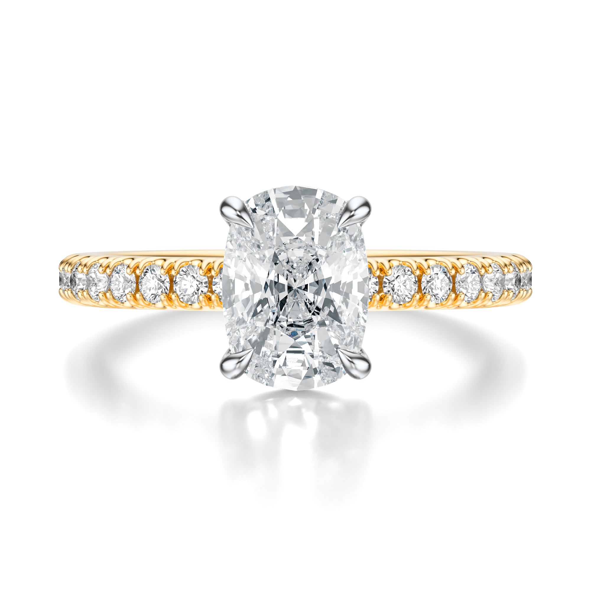 Signature Solitaire Elongated Cushion Engagement Ring - Two-Tone Pavé Band - Front View