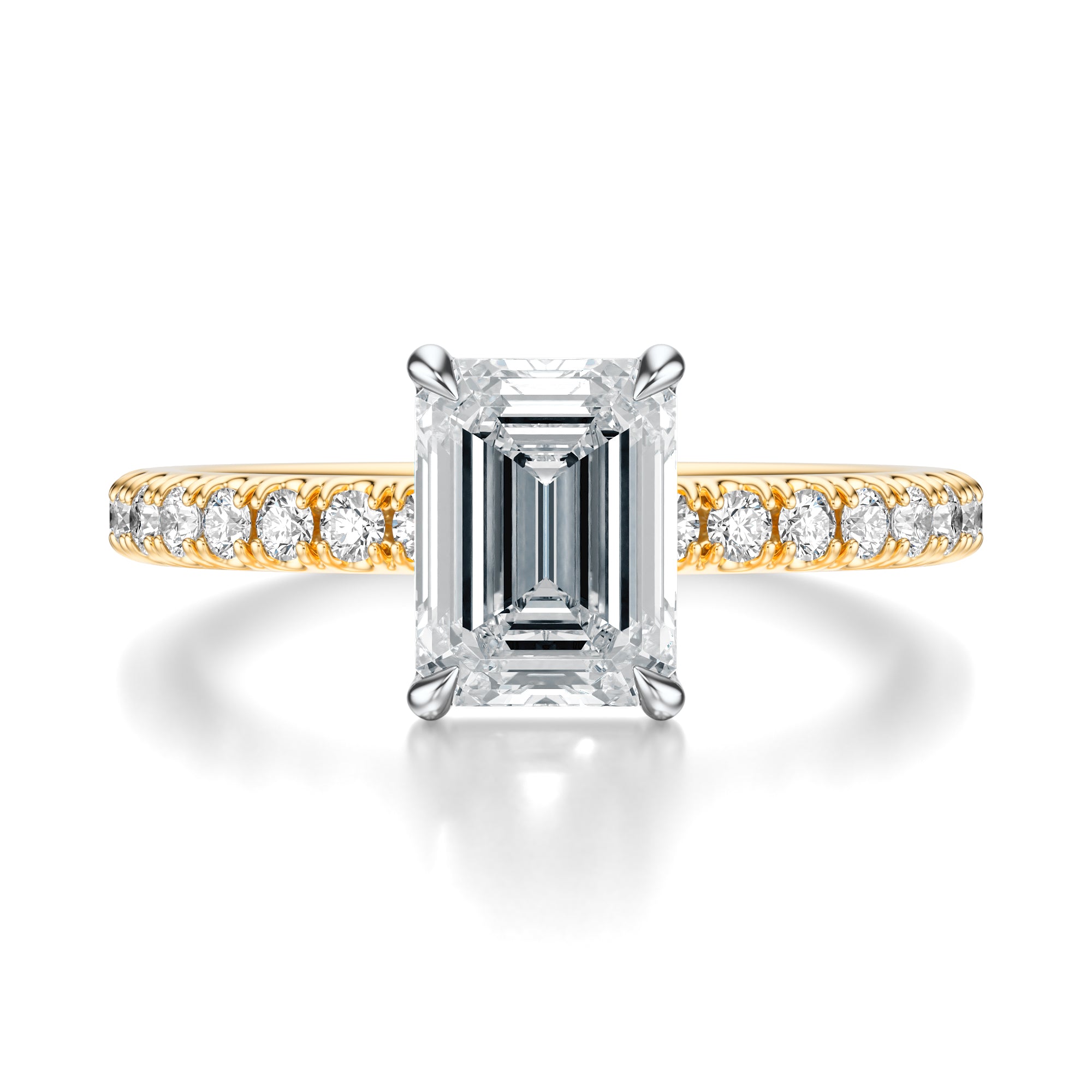 Signature Solitaire Emerald Engagement Ring - Two-Tone Pavé Band - Front View