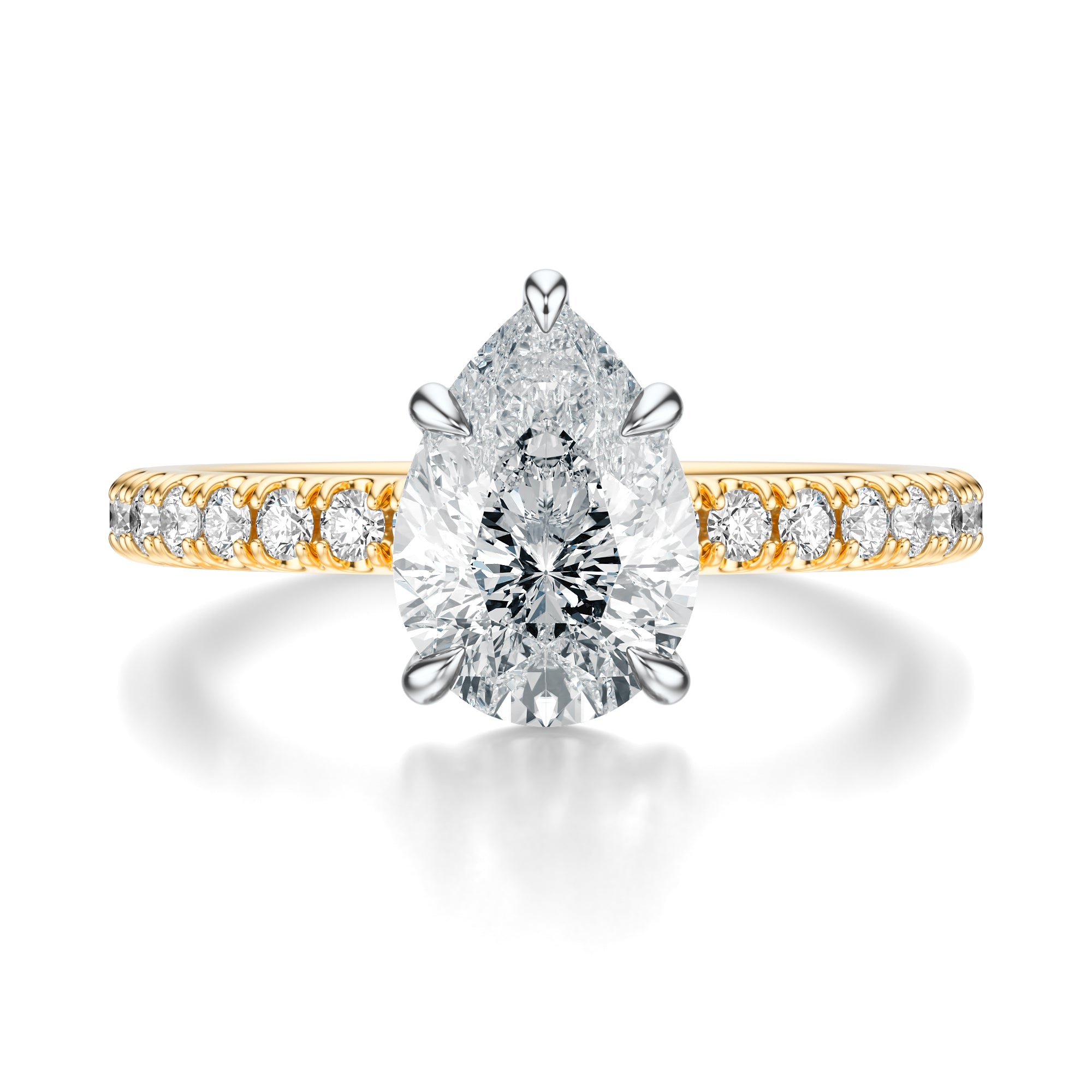 Signature Solitaire Pear Engagement Ring - Two-Tone Pavé Band - Front View