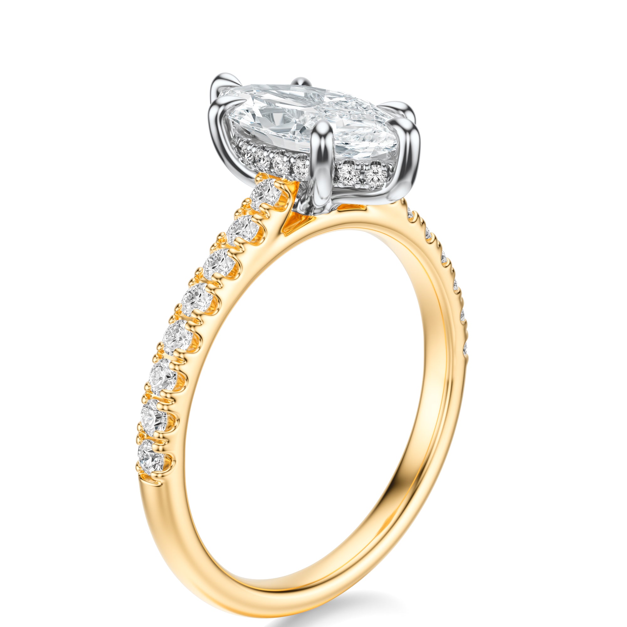 Signature Cathedral Hidden Halo Marquise Engagement Ring - Two-Tone Pavé Band - Side View