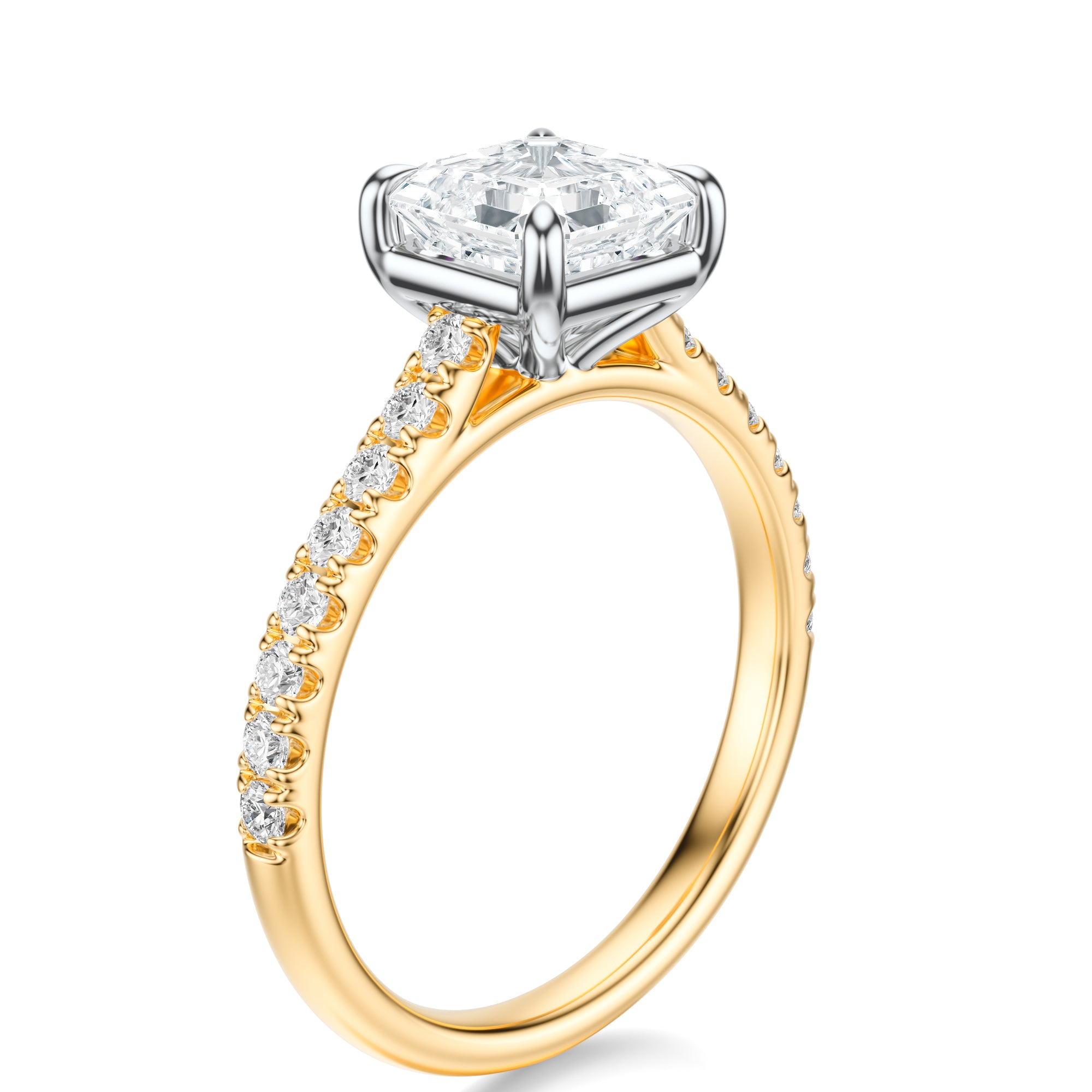 Signature Cathedral Asscher Engagement Ring - Two-Tone Pavé Band - Side View
