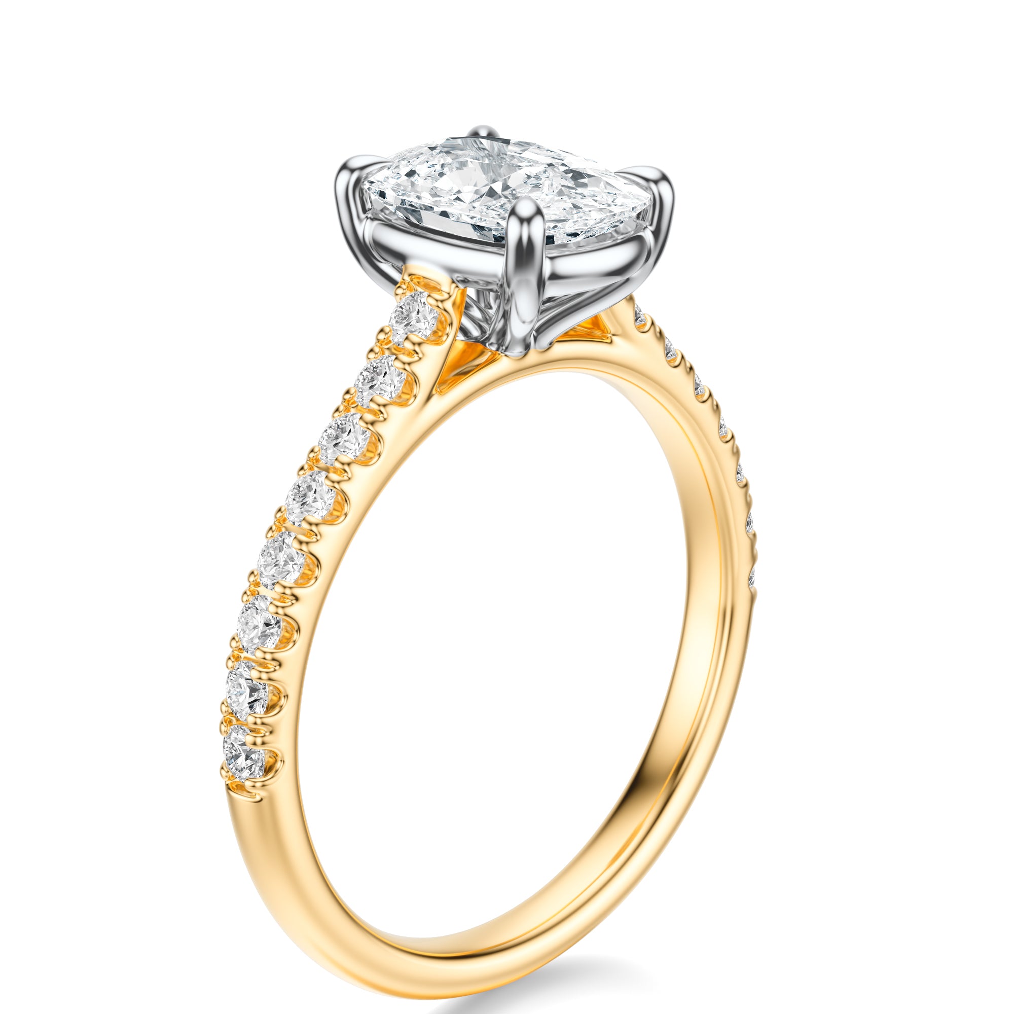 Signature Cathedral Elongated Cushion Engagement Ring - Two-Tone Pavé Band - Side View