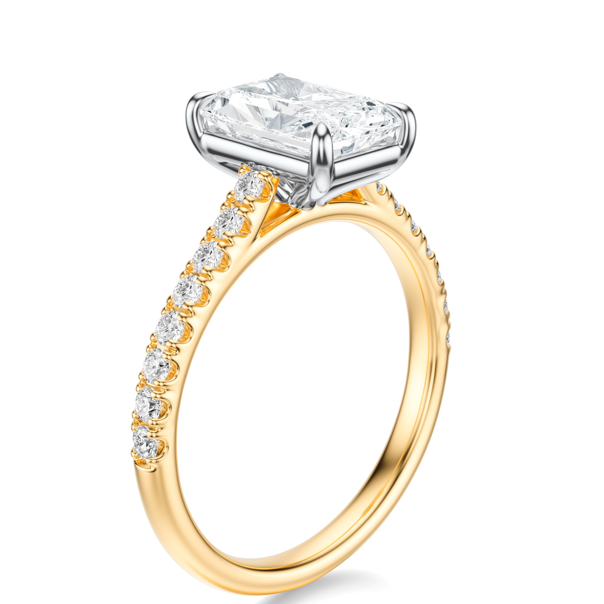 Signature Cathedral Radiant Engagement Ring - Two-Tone Pavé Band - Side View