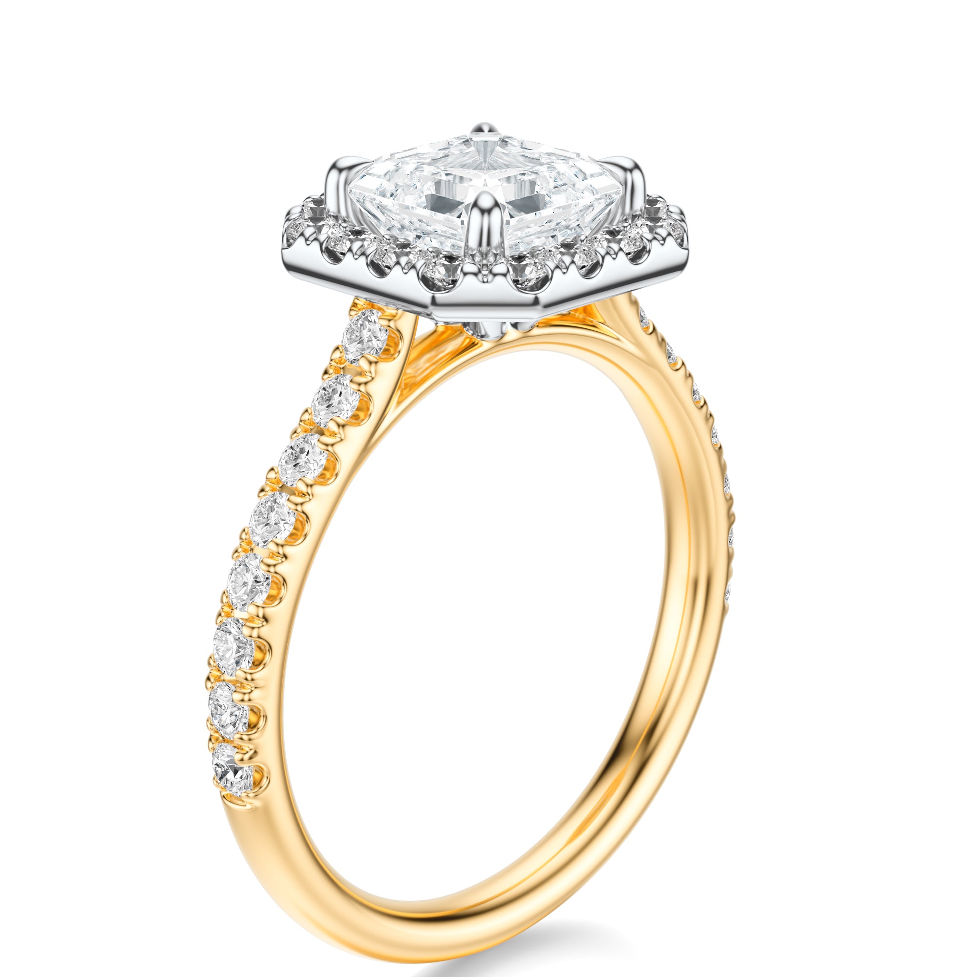 Signature Halo Asscher Engagement Ring - Two-Tone Pavé Band - Side View