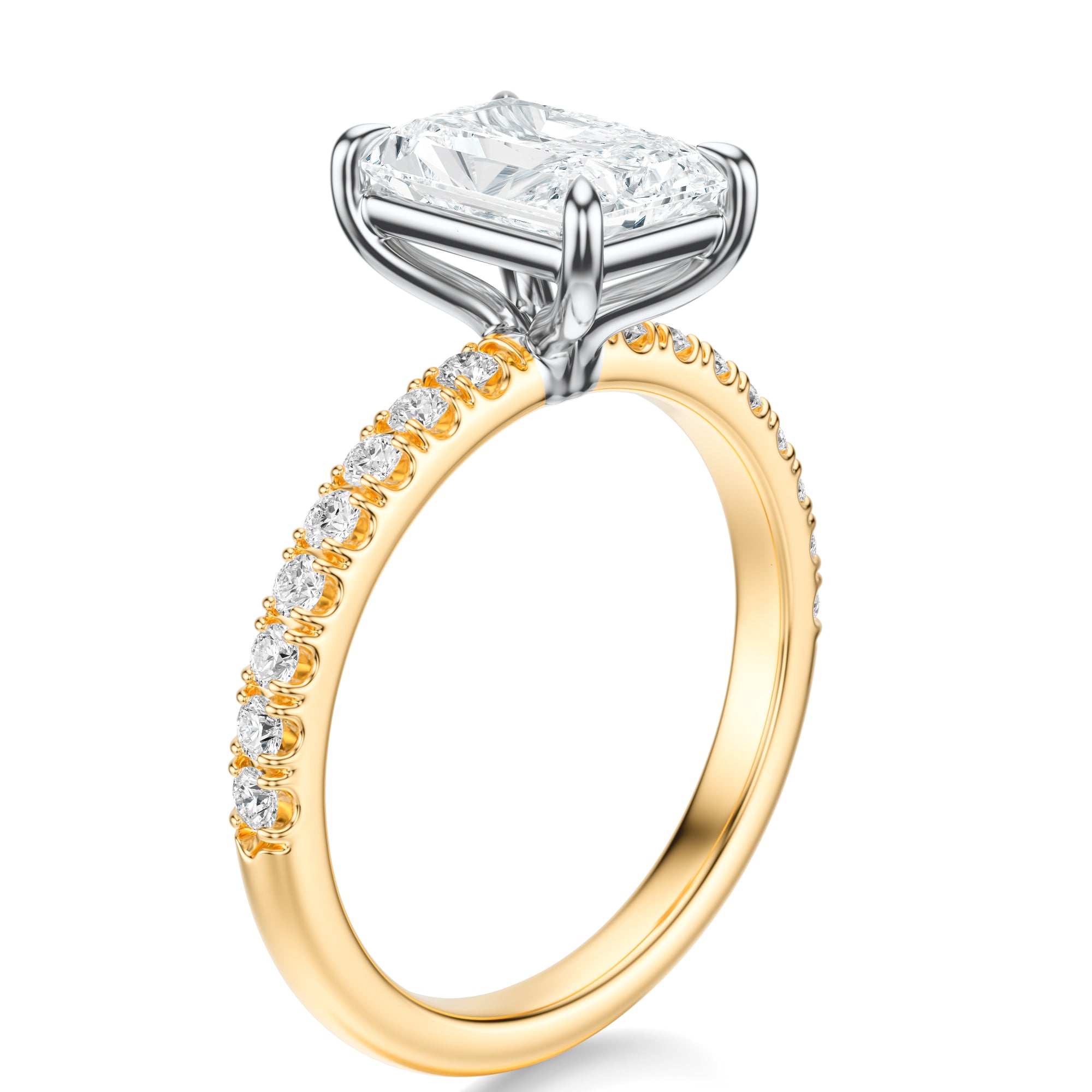 Signature Solitaire Radiant Engagement Ring - Two-Tone Pavé Band - Side View