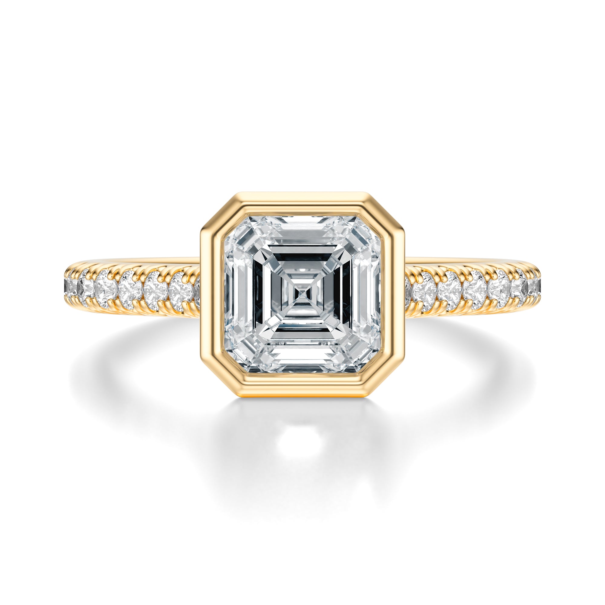 Signature Bezel Asscher Engagement Ring - Yellow Gold Pavé Band - Front View