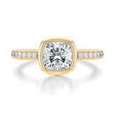 Signature Bezel Cushion Engagement Ring - Yellow Gold Pavé Band - Front View