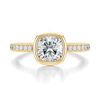 Signature Bezel Cushion Engagement Ring - Yellow Gold Pavé Band - Front View