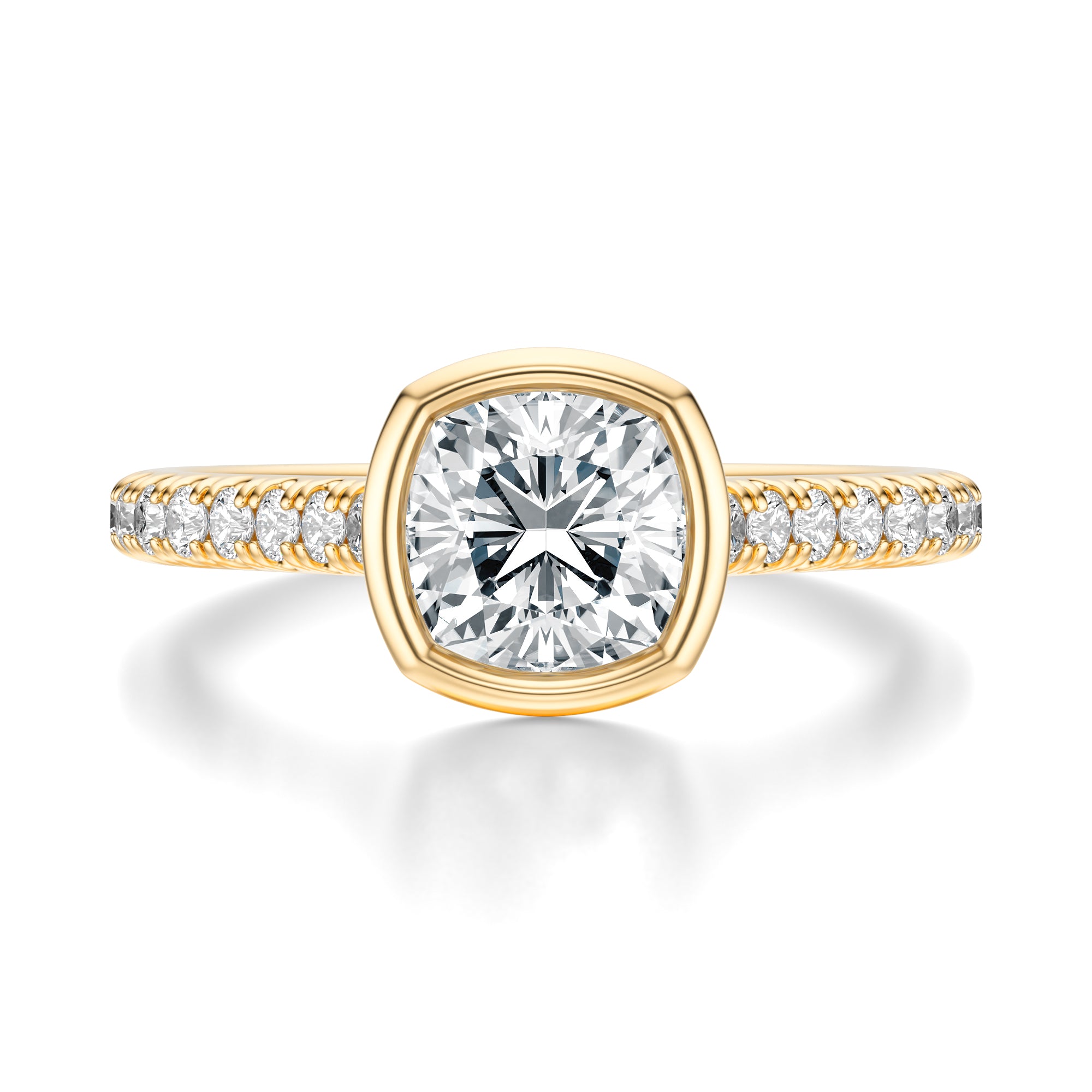 Signature Bezel Cushion Engagement Ring - Yellow Gold Pavé Band - Front View