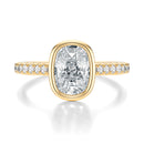 Signature Bezel Elongated Cushion Engagement Ring - Yellow Gold Pavé Band - Front View