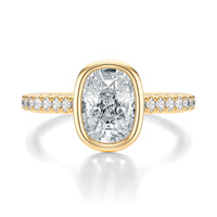 Signature Bezel Elongated Cushion Engagement Ring - Yellow Gold Pavé Band - Front View
