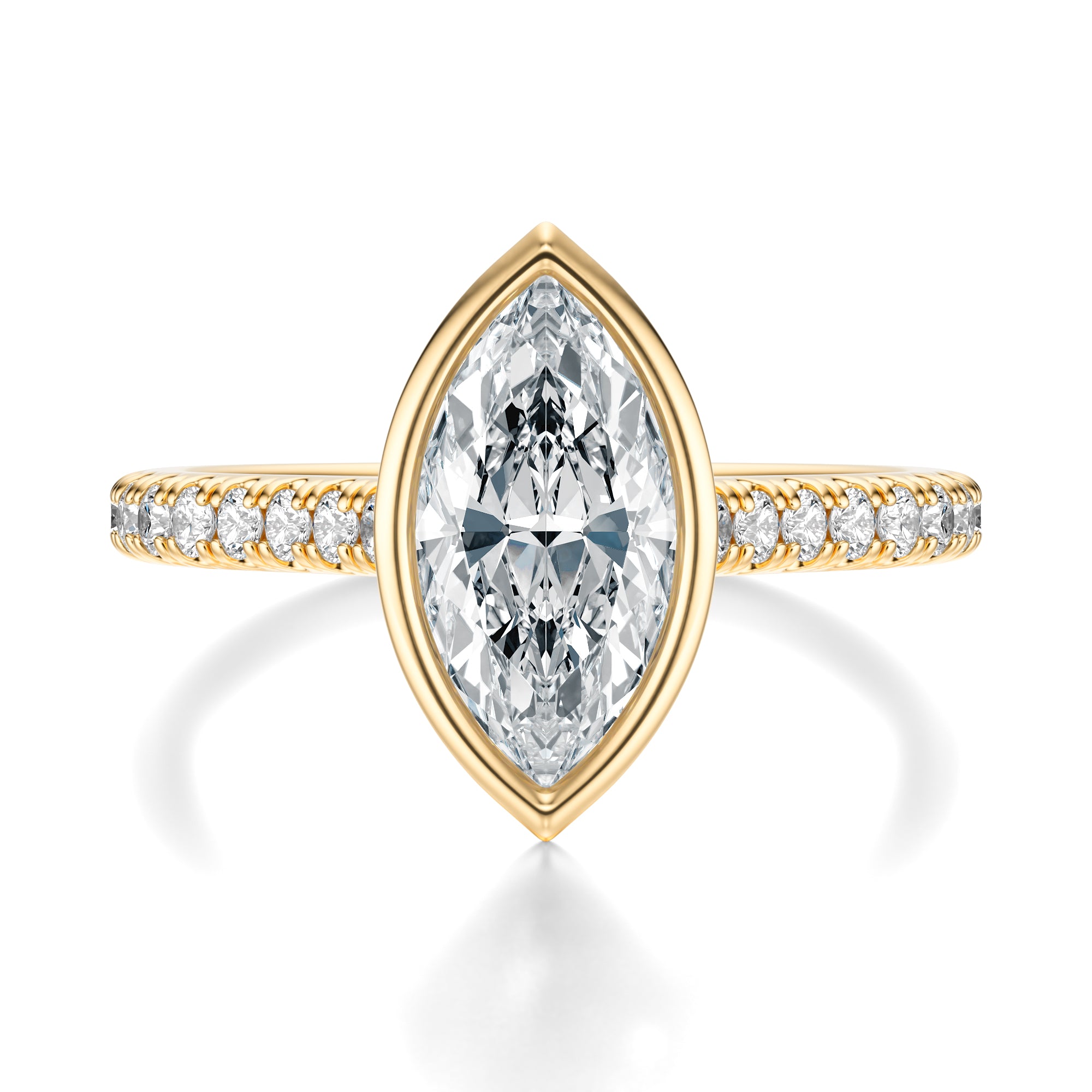 Signature Bezel Marquise Engagement Ring - Yellow Gold Pavé Band - Front View