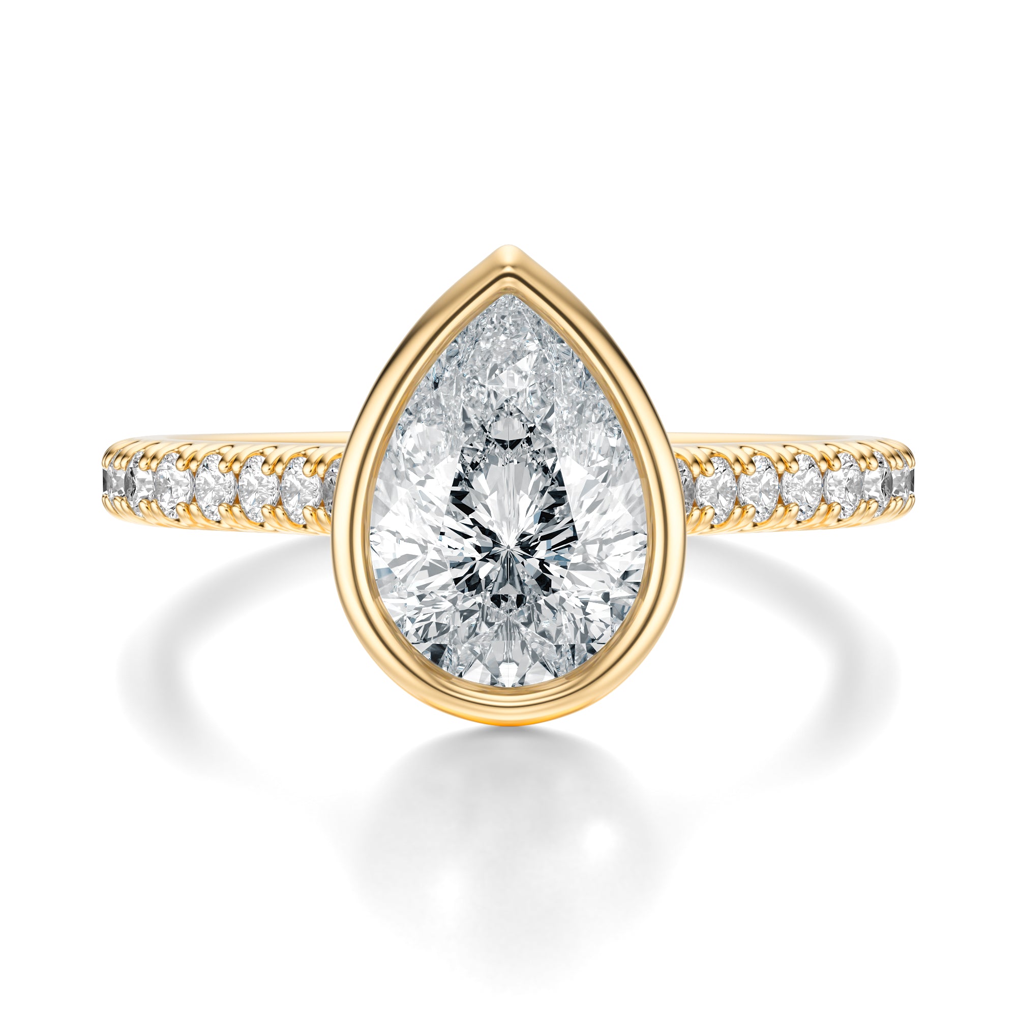 Signature Bezel Pear Engagement Ring - Yellow Gold Pavé Band - Front View
