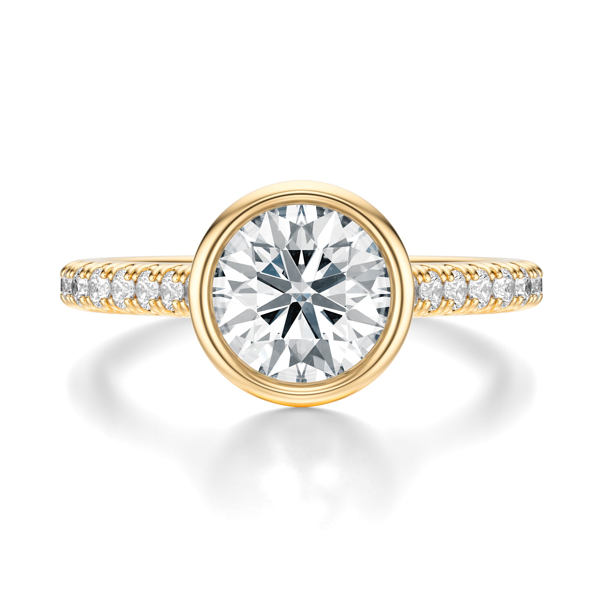 Signature Bezel Round Engagement Ring - Yellow Gold Pavé Band - Front View